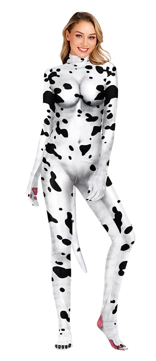 Bemeiren Women's Spandex Full Body Cow Print Zentai Catsuit with Tail - Sexy Animal Costume for Cosplay, Halloween Party & Fetish Wear