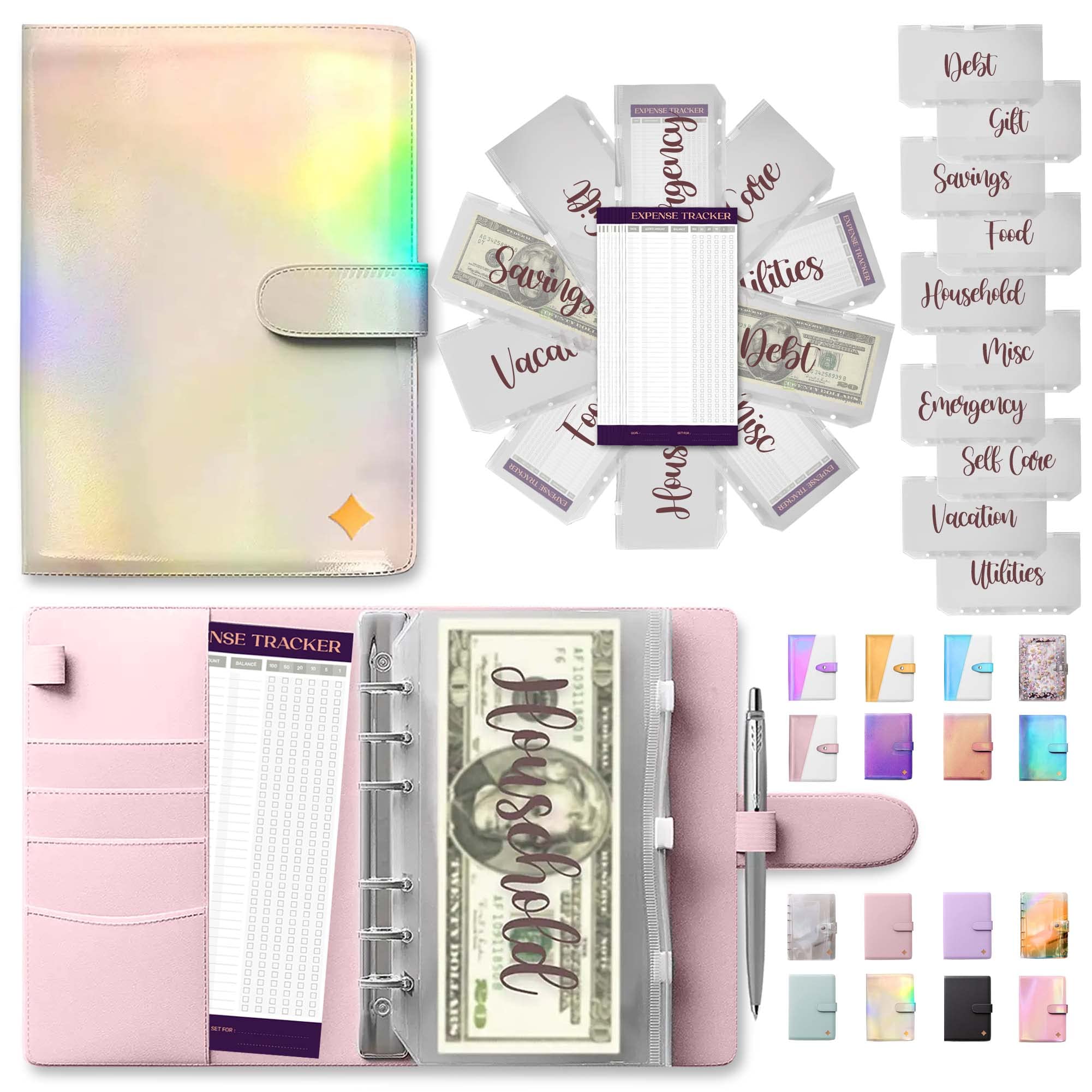 SOUL MAMA Premium A6 Zipper Binder with Envelopes – Holographic Silver Money Organizer for Cash, Budget Planner, Savings Tracker | Perfect for Cash Budgeting, Bill Organization & Financial Planning (Includes 10 Brown Printed Stickers)