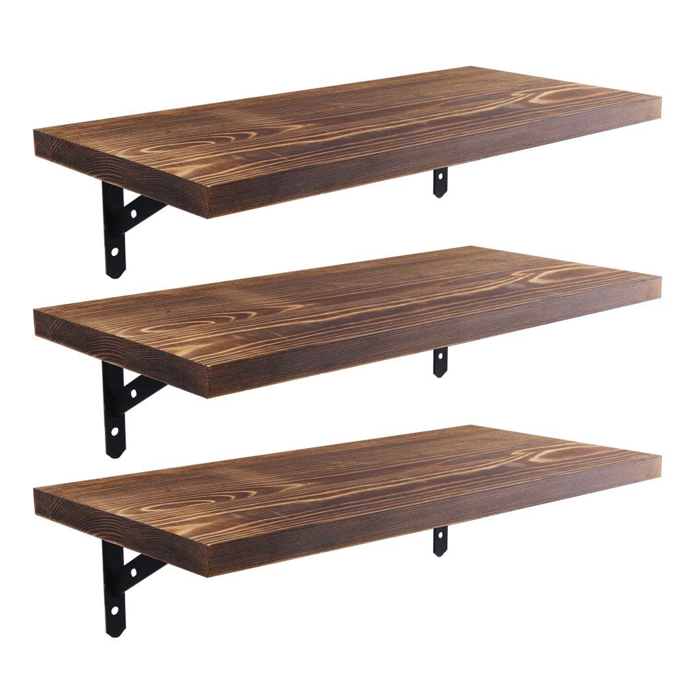 Kosiehouse Floating Shelves Set of 3 - Rustic Pine Wood Wall Mounted Shelves with Brackets for Farmhouse Decor | Perfect for Bedroom, Bathroom, Living Room, Kitchen & Office Storage & Display