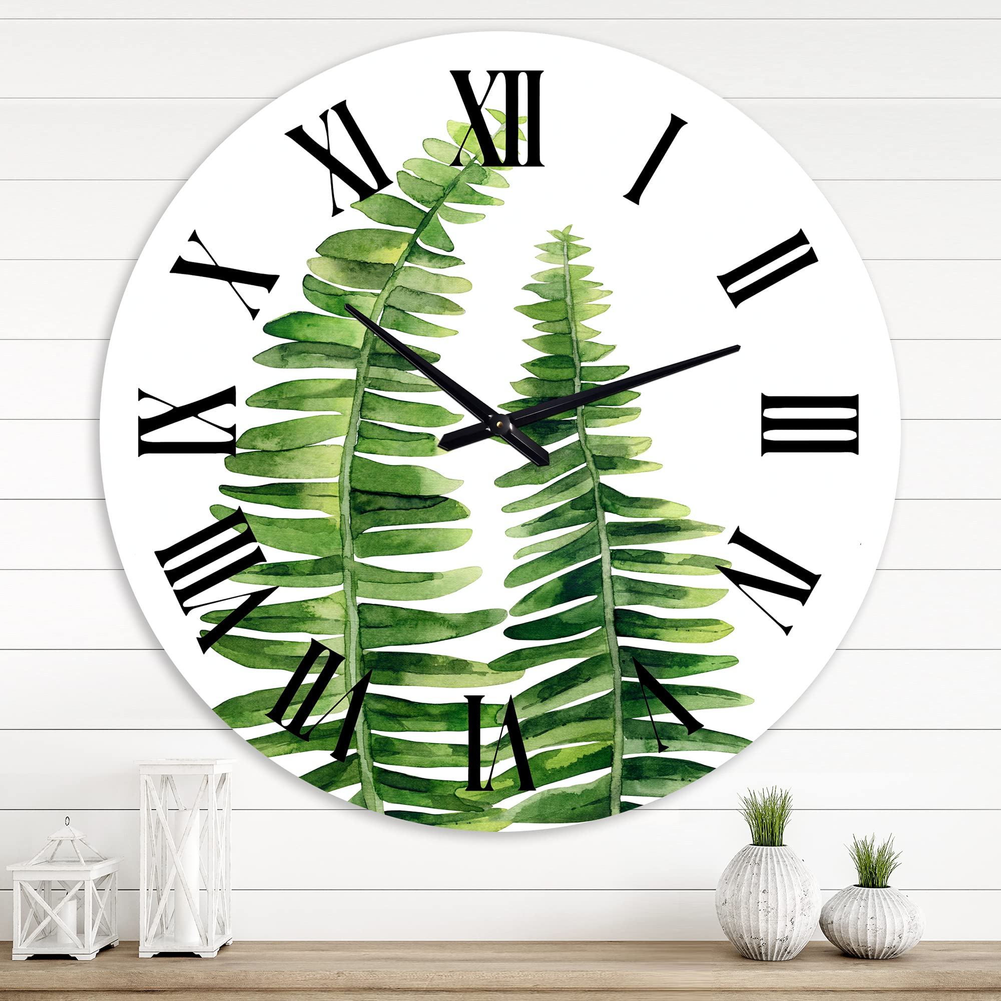 Farmhouse Wall Clock with Fern Leaves Design - Large Floral Botanical Wall Clock for Living Room, Kitchen, Bedroom Decor | Rustic Home & Office Décor