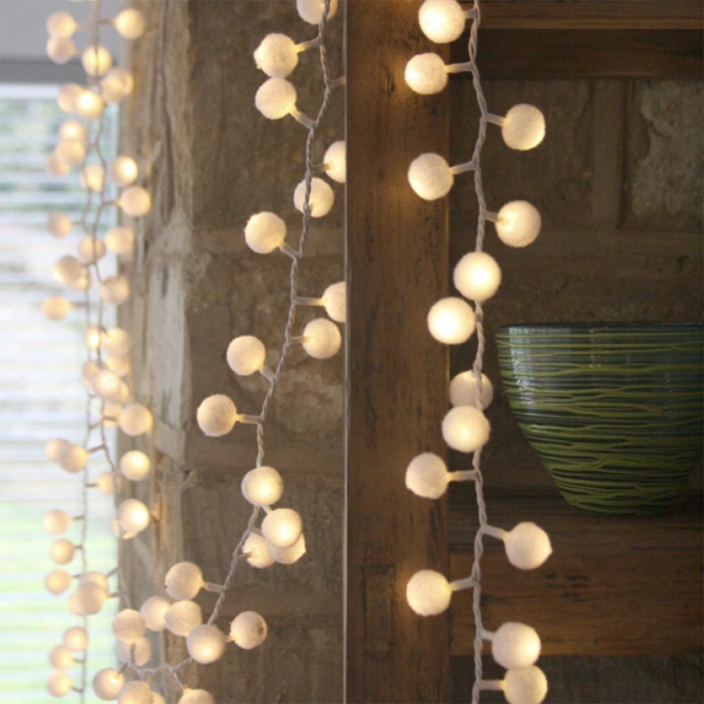 Cozy Warm White Pom Pom String Lights - 20ft 50 LED Fairy Lights for Bedroom, Wedding, Party Decor - Indoor & Outdoor Use