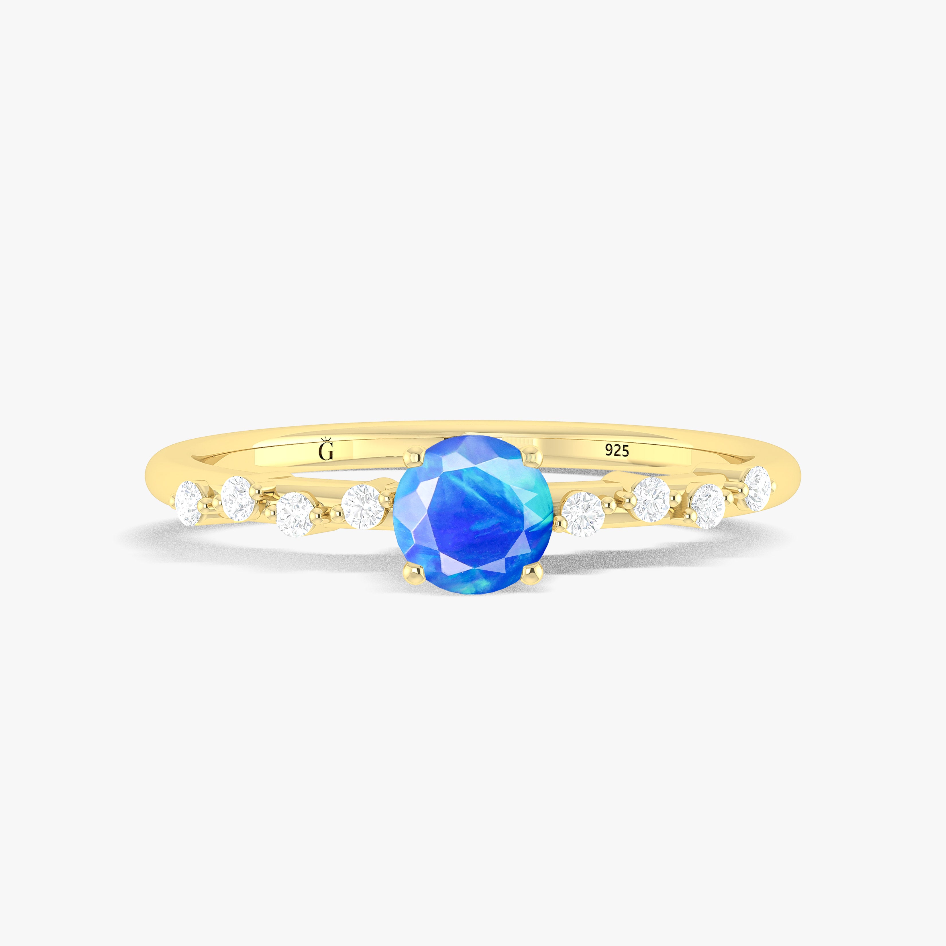 Natural Blue Opal Round Stone Minimalist Solitaire Ring with Accent Diamonds - Elegant Dainty Jewelry for Women, Perfect for Engagement, Wedding, Anniversary & Everyday Wear