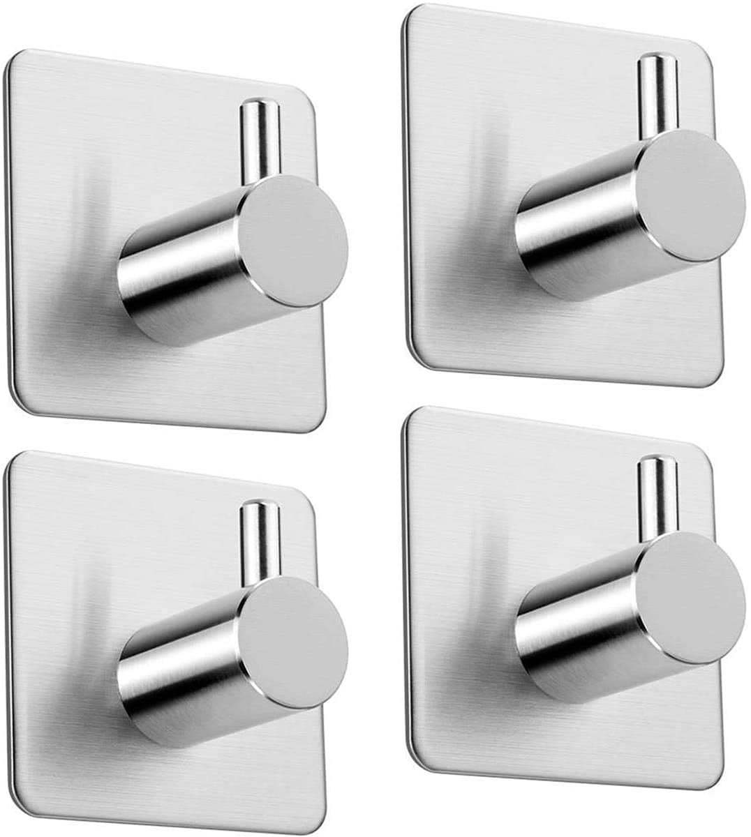 Stainless Steel No Drill Self-Adhesive Hooks - Heavy Duty Wall Hangers for Kitchen, Bathroom, Hallway - Perfect for Coats, Towels, Hats & Robes (4 Pack) - Ideal for Home Organization & Space Saving Storage Solutions