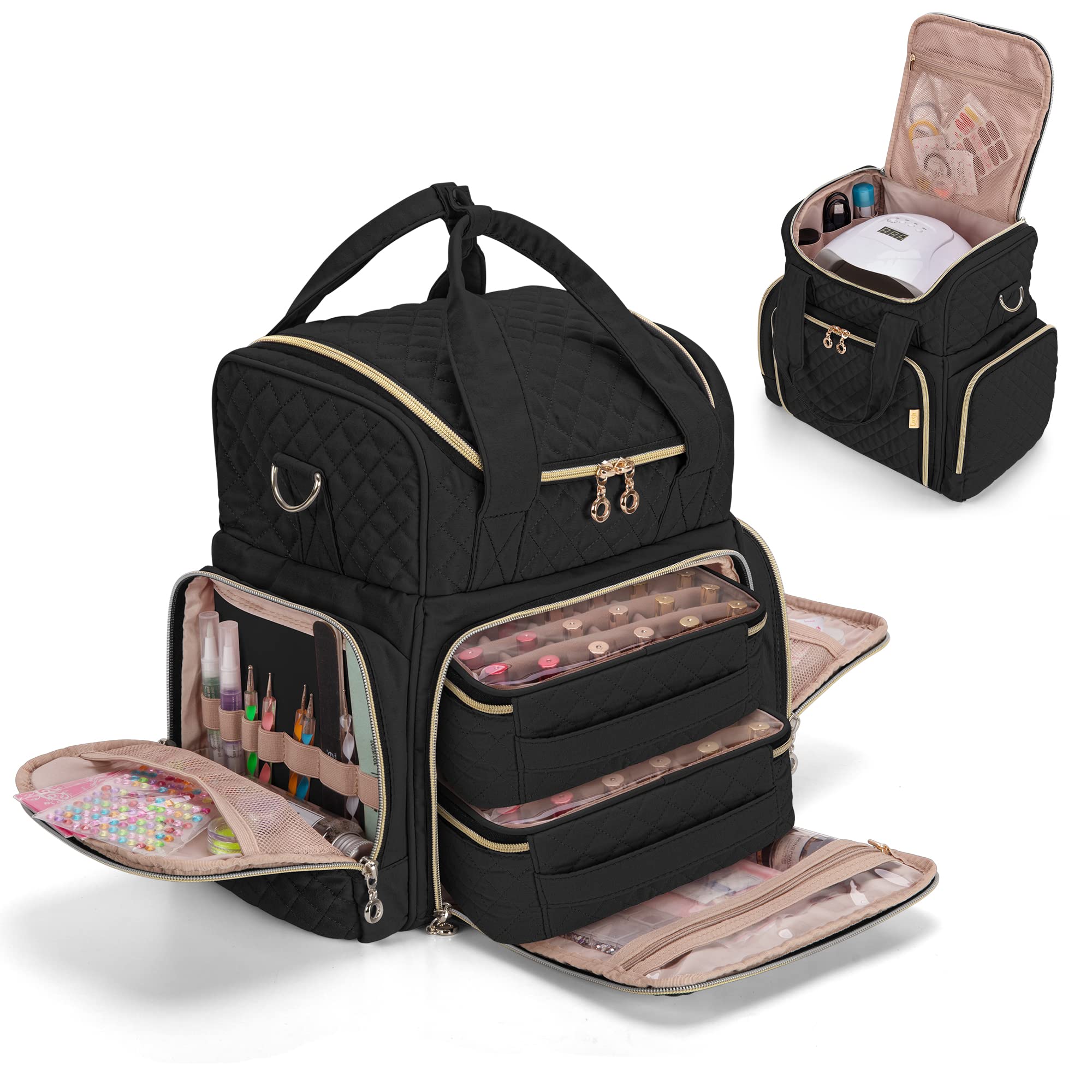 LUXJA 48 Bottle Nail Polish Organizer with Nail Lamp - Portable Nail Art Storage Case with 2 Removable Bags & Tool Pockets (Black) - Perfect for Salon Professionals & At-Home Manicures