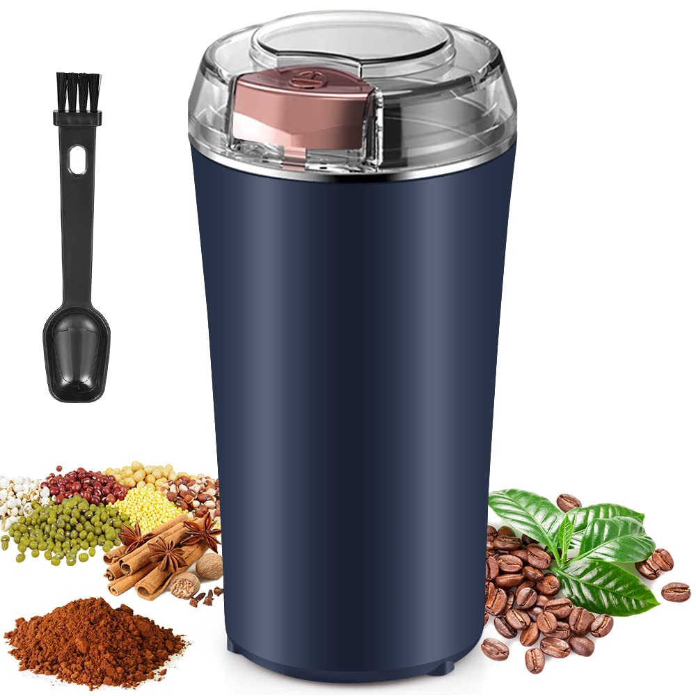 Premium Electric Coffee Grinder & Spice Grinder - Stainless Steel Blade with One-Touch Push Button - Perfect for Coffee Beans, Herbs, Peanuts & Grains (Blue) - Includes Integrated Brush & Spoon - Ideal for Home Kitchens & Coffee Shops