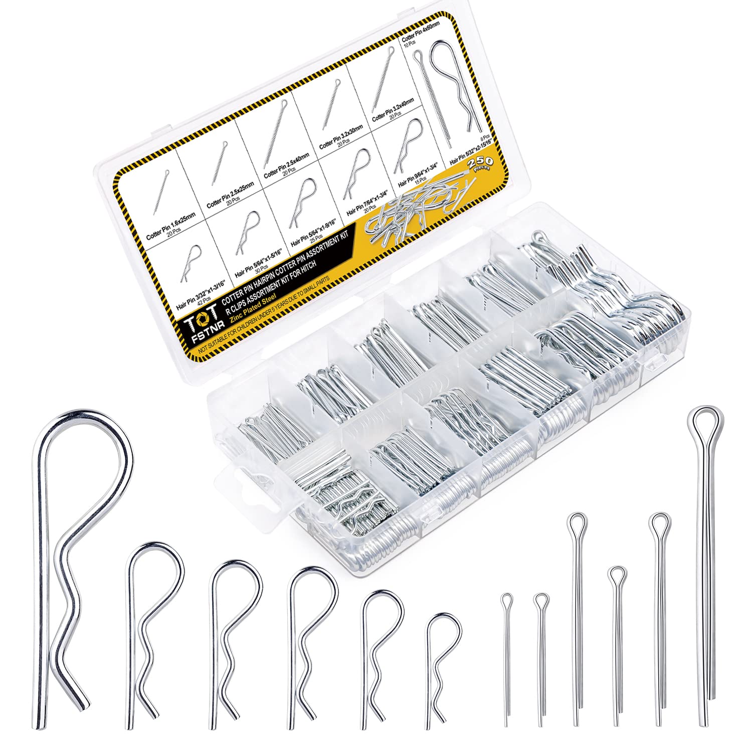 250Pcs Hairpin Cotter Pins Assortment Kit - Zinc Plated Steel R Clips & Cotter Keys for Hitch, Lawn Mower, Truck - Secure Fastening for Automotive, Machinery & DIY Projects