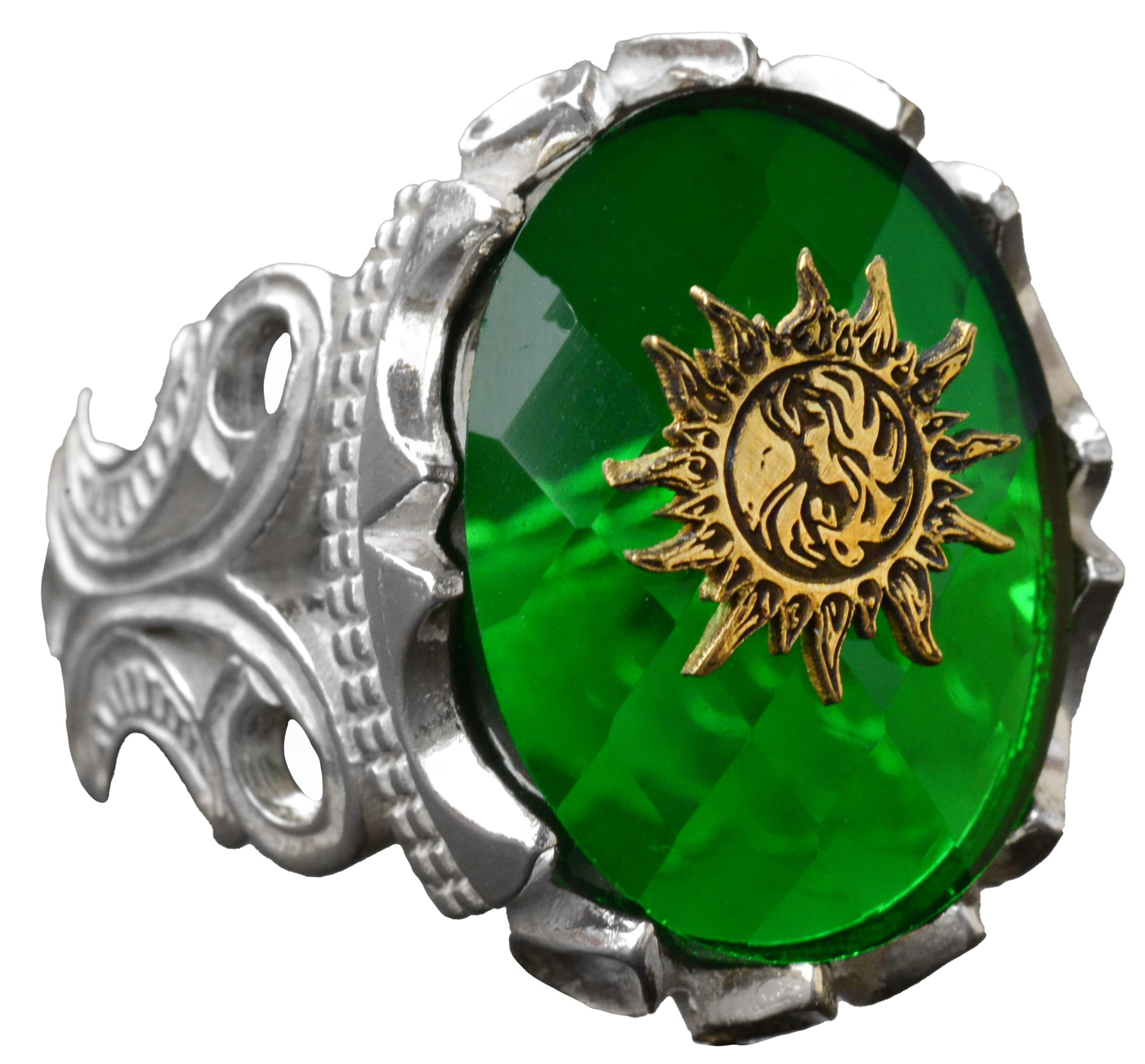 Sun Symbol Ring - Spiritual Golden Mystery Green Zircon Stone Ring in 925 Sterling Silver | Boho Jewelry for Women, Yoga Accessory, Meditation Gift