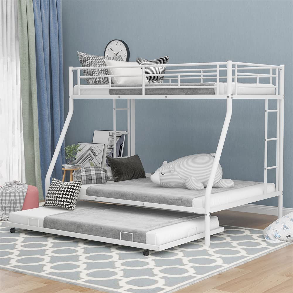 Metal Bunk Bed with Trundle - Twin Over Full Bunk Bed Frame with Full-Length Guardrail & 2 Ladders - Heavy Duty Space-Saving Bunk Bed - Converts to 2 Separate Beds - No Box Spring Needed - White - Perfect for Kids' Rooms, Dormitories & Small Spaces