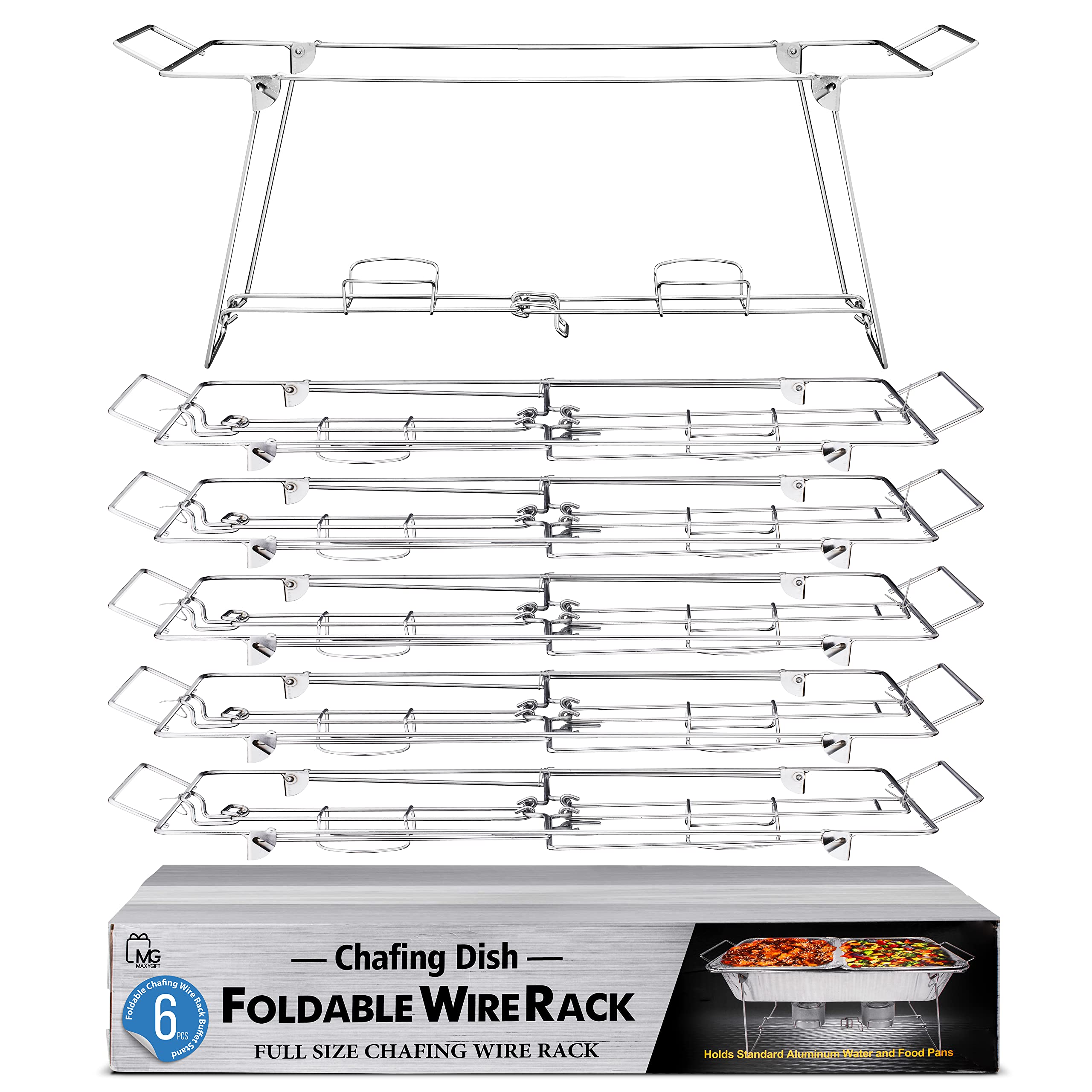 Foldable Chafing Wire Rack Buffet Stand - 6 Pack Full Size Stainless Steel Food Serving Racks for Catering, Buffet & Party Events | Perfect for Banquets, Weddings, and Holiday Gatherings