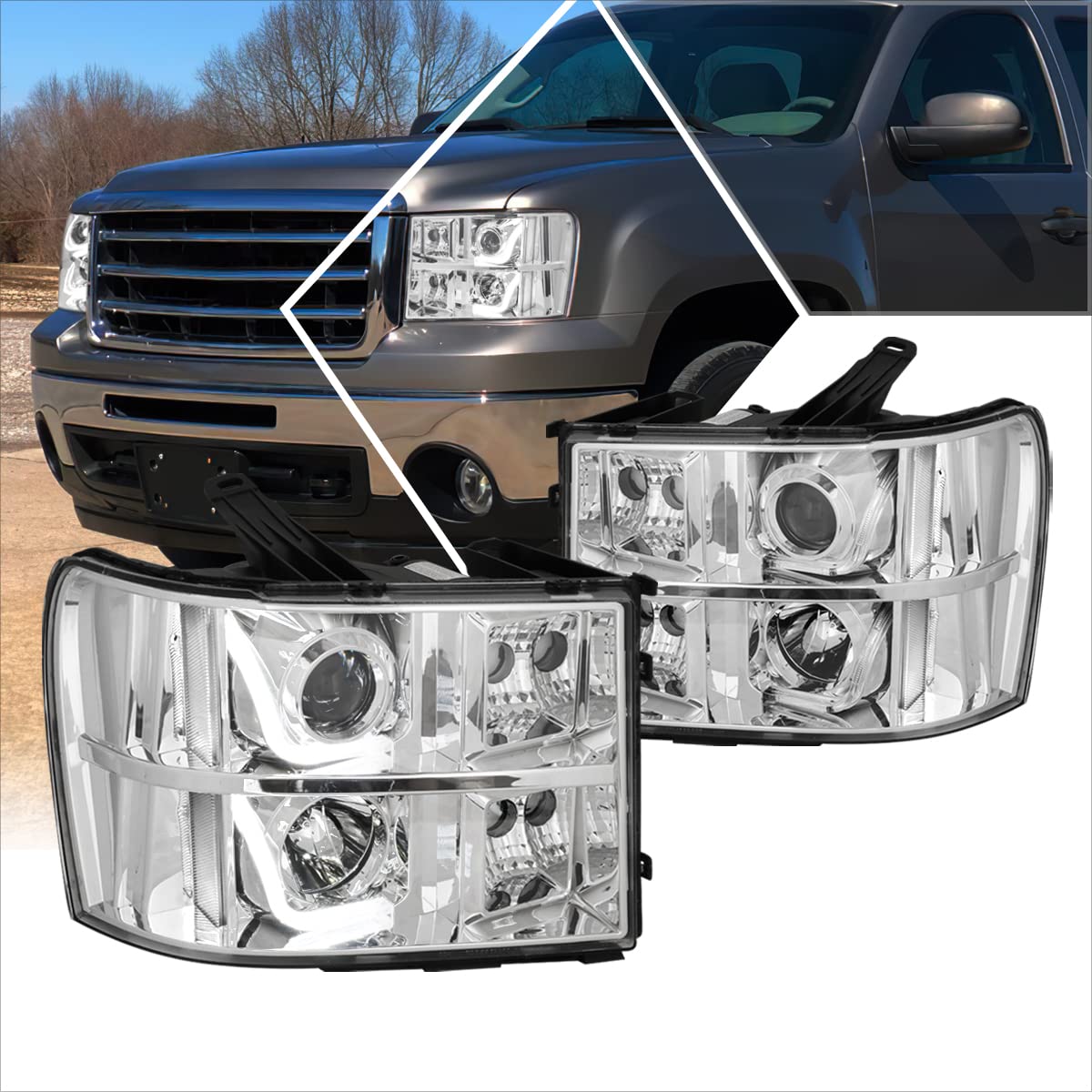 PM PERFORMOTOR Projector Headlights Assembly with LED Halo - Compatible with 2007-2014 GMC Sierra 1500/2500/3500, Chrome Housing & Clear Corner (Pair) - Upgrade Your Truck's Style & Night Visibility for Off-Roading & Daily Driving