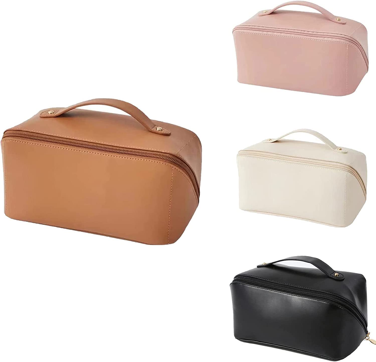 Peachloft Leather Makeup Bag - Large Waterproof Cosmetic Organizer for Travel & Daily Use (Brown)