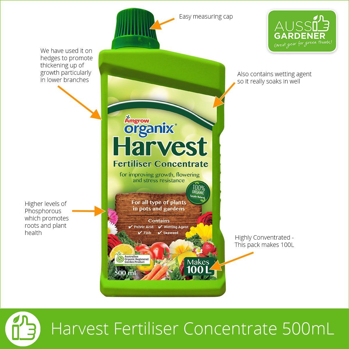 Amgrow Harvest Organix 500ml Organic Liquid Fertilizer - Premium Plant Food for Vegetables, Fruits & Flowers - Ideal for Home Gardening & Indoor Plants