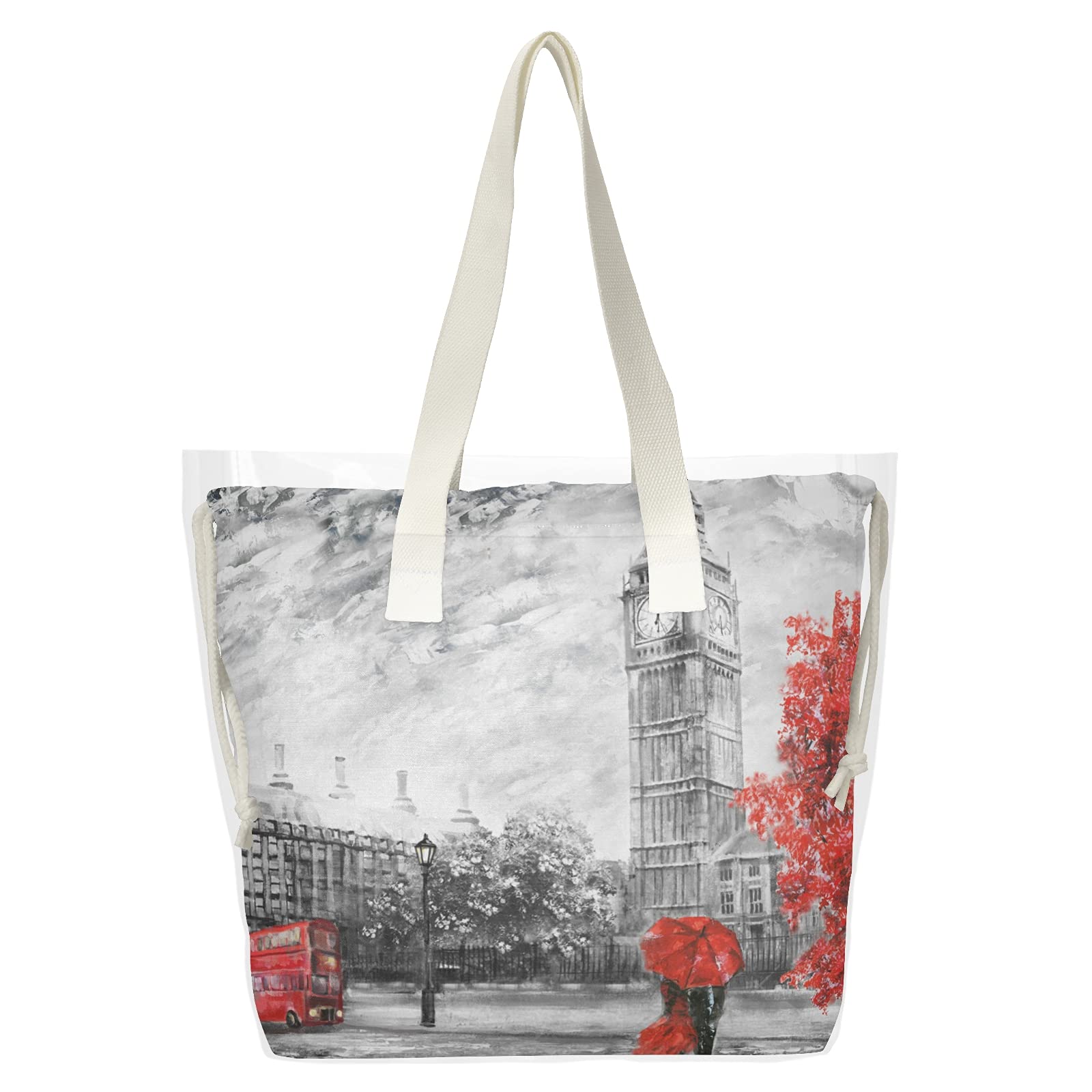 London Big Ben Clear Tote Bags for Women - 2 in 1 Transparent Shoulder Bag & Shopping Beach Tote - See Through Handbag with Canvas Trim - Perfect for Stadium Events, Dates, Work & Casual Outings