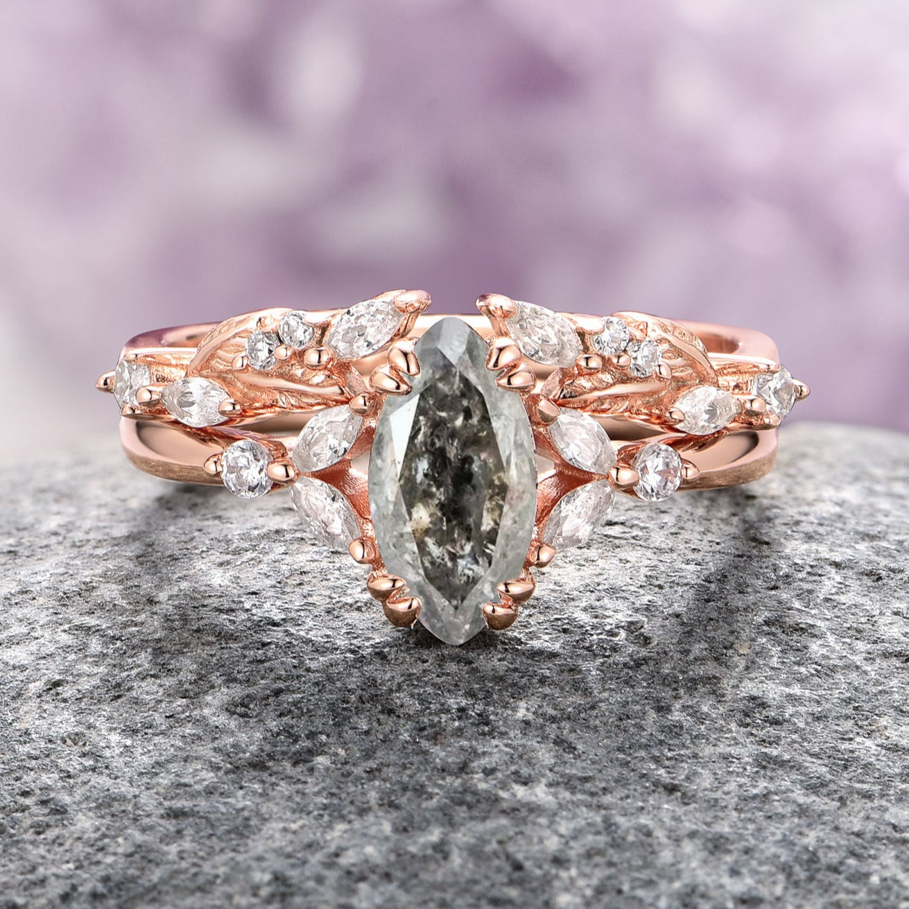 14K Solid Rose Gold Herkimer Diamond Leaf Ring Set - Elegant Nature-Inspired Jewelry for Women, Perfect for Weddings, Anniversaries & Everyday Wear