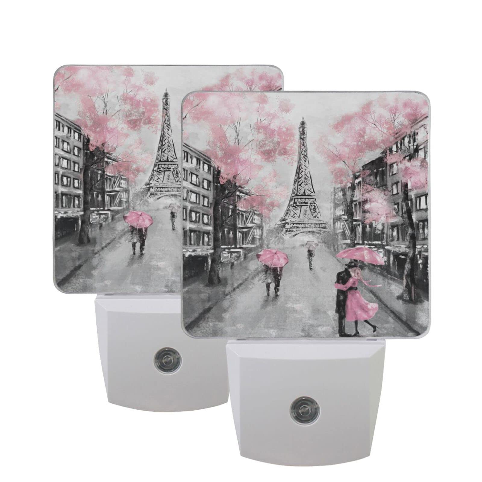 ALAZA 2 Pack Paris Street Eiffel Tower Pink Floral LED Night Light with Dusk to Dawn Sensor - Plug in Home Decor Desk Lamp for Bedroom, Nursery & Living Room