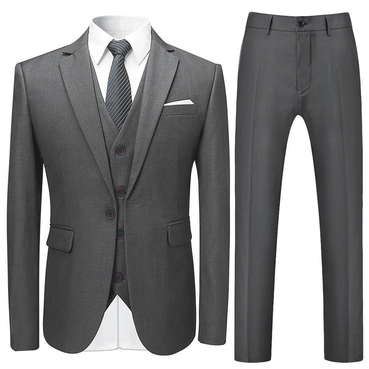 3 Piece Slim Fit Solid Color Jacket Smart Wedding Formal Suit Grey - Perfect for Weddings, Prom, Business Meetings & Formal Events