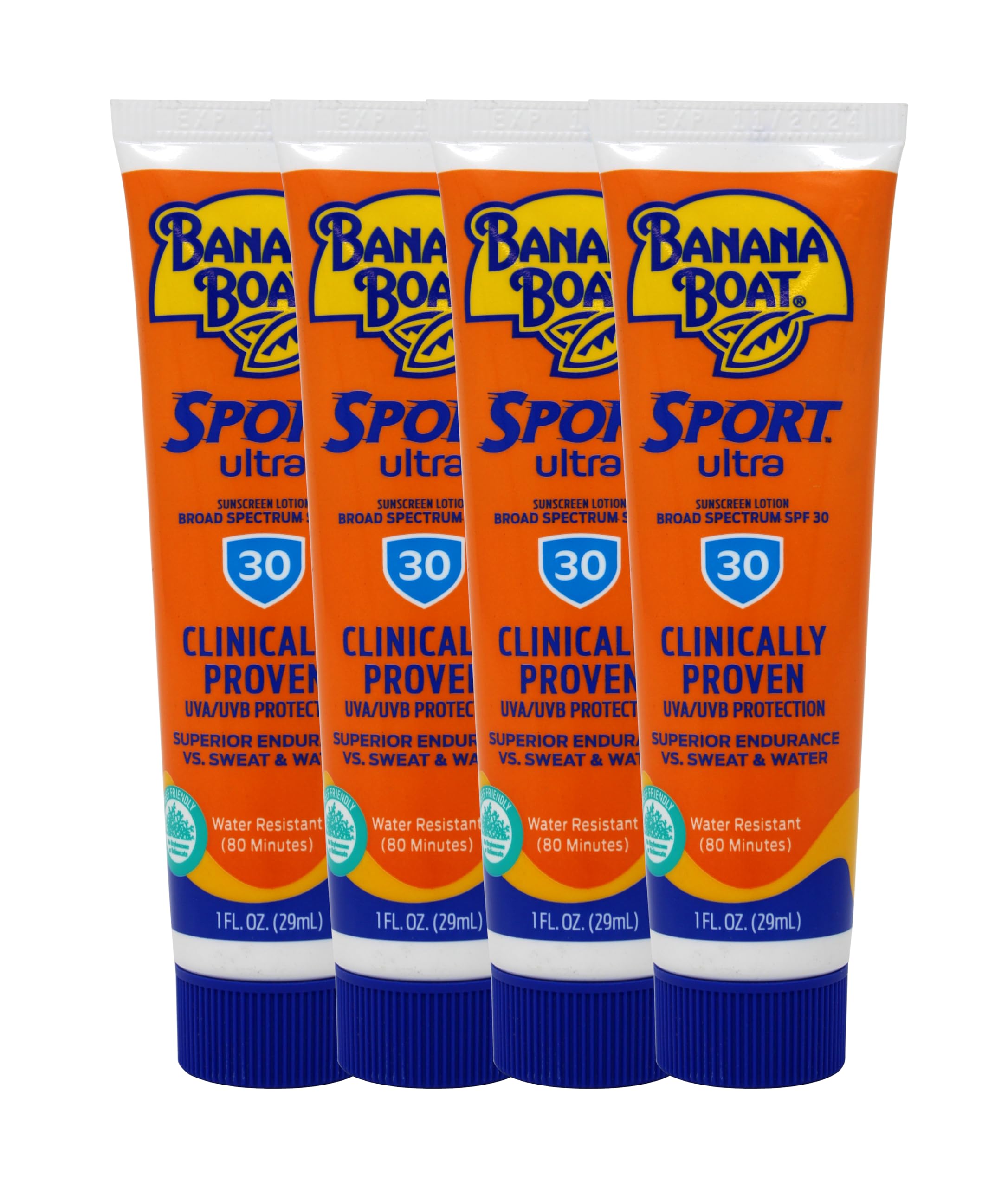 Banana Boat Sport Performance Sunscreen Lotion SPF 30, 1 oz (29g) - 4 Pack - Waterproof & Sweatproof Sun Protection for Outdoor Activities, Swimming, Running & Beach Days