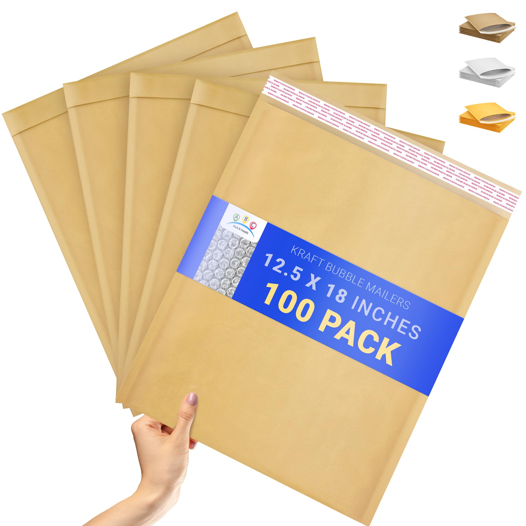 ABC 12.5x18 Inch Kraft Bubble Mailers - Pack of 100 Waterproof Self-Sealing Shipping Envelopes | 56 GSM Padded Cushioned Mailers with Self-Adhesive Tape | Perfect for Ecommerce, Amazon FBA & Small Business Shipping