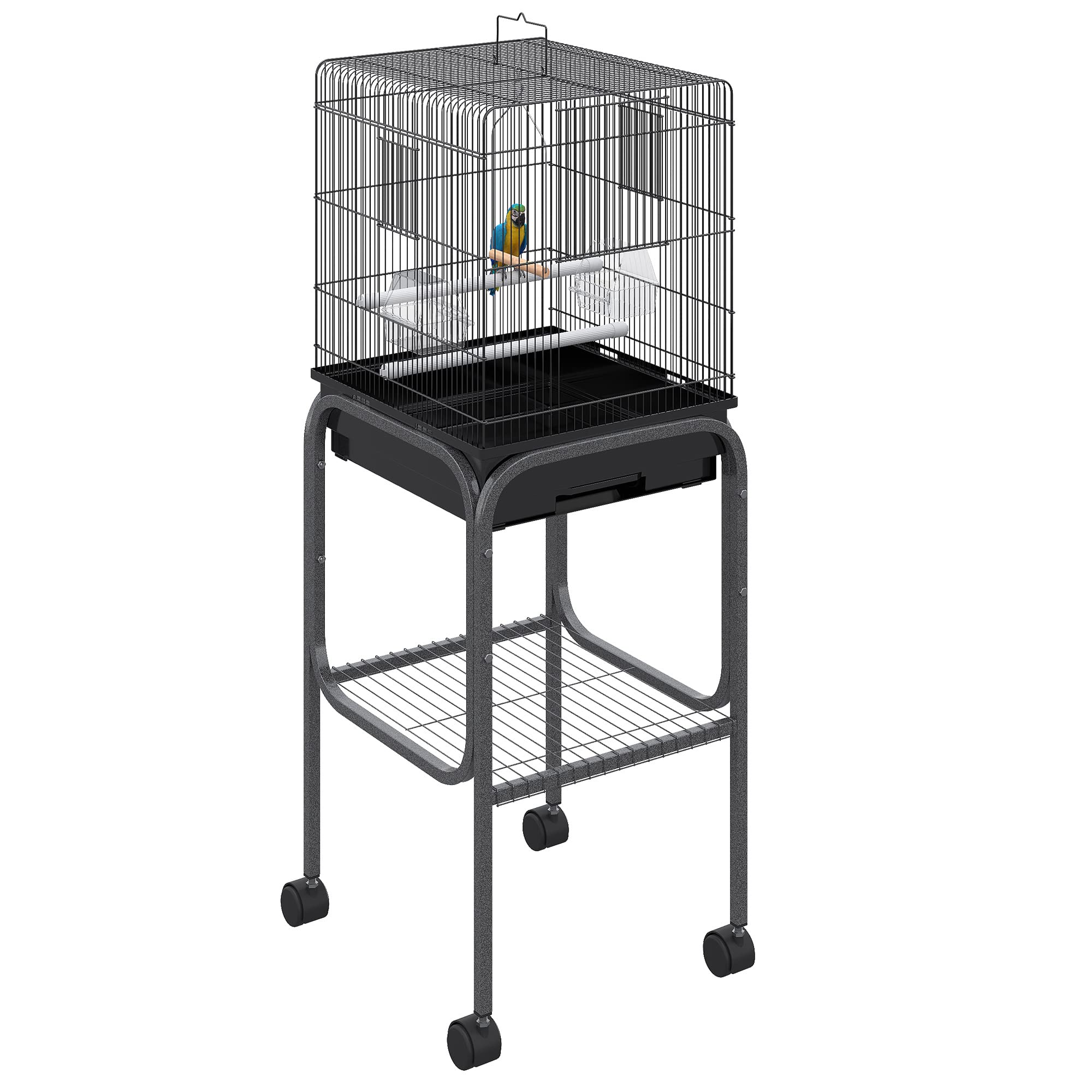 Pawhut 45-inch Black Metal Indoor Bird Cage - Large Parrot Cage with Detachable Rolling Stand, Storage Basket & Accessories | Perfect for Cockatiels, Parakeets & Small Birds - Home & Aviary Use