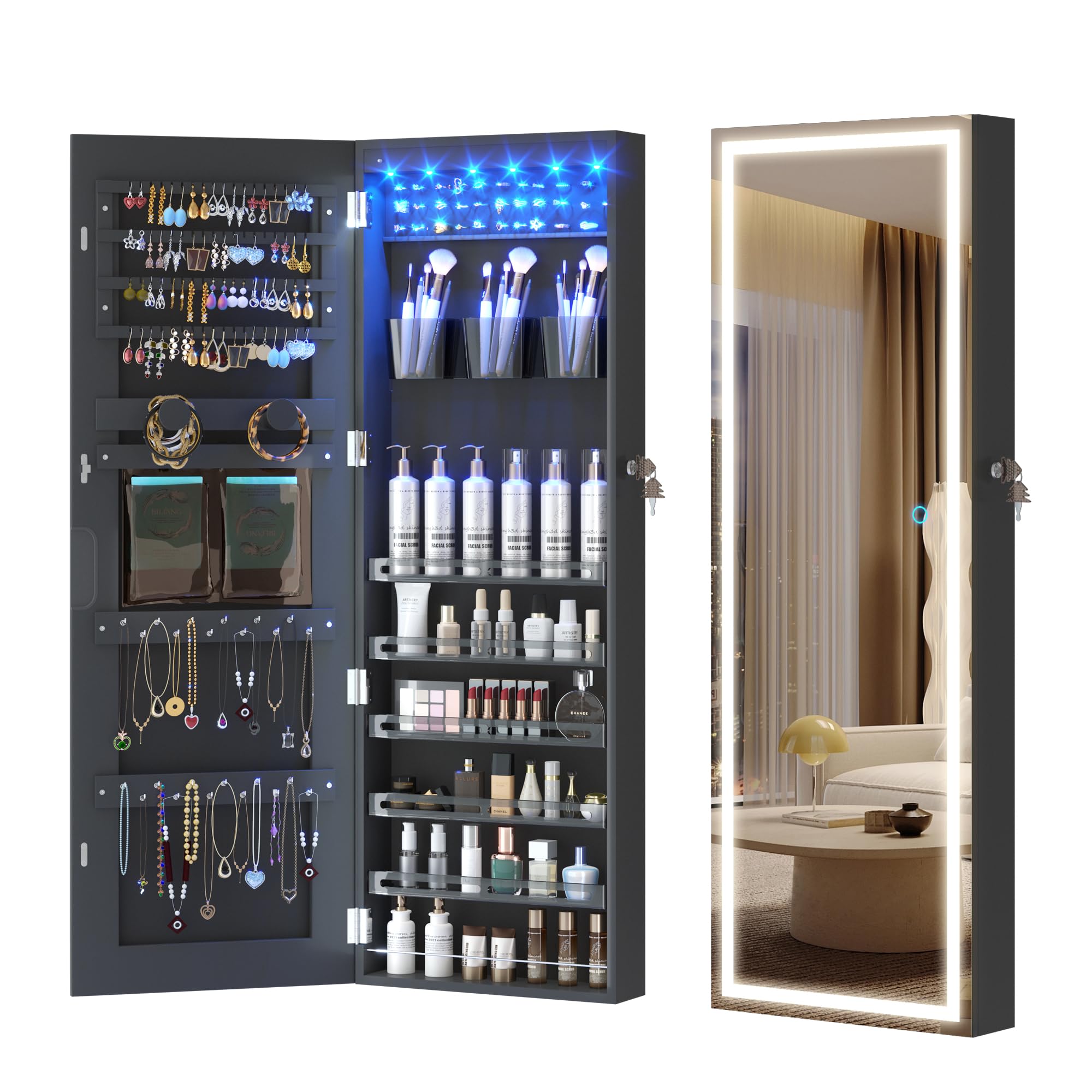LVSOMT LED Mirror Jewelry Cabinet - Wall/Door Mounted Jewelry Organizer Armoire with Lights, Full Length Mirror & Jewelry Storage (Black) | Perfect for Bedroom, Closet & Dressing Room Organization