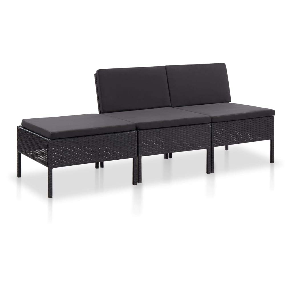 vidaXL 3-Piece All-Weather Black Poly Rattan Garden Lounge Set with Cushions - Outdoor Patio Furniture Conversation Set for Backyard, Poolside & Terrace Relaxation