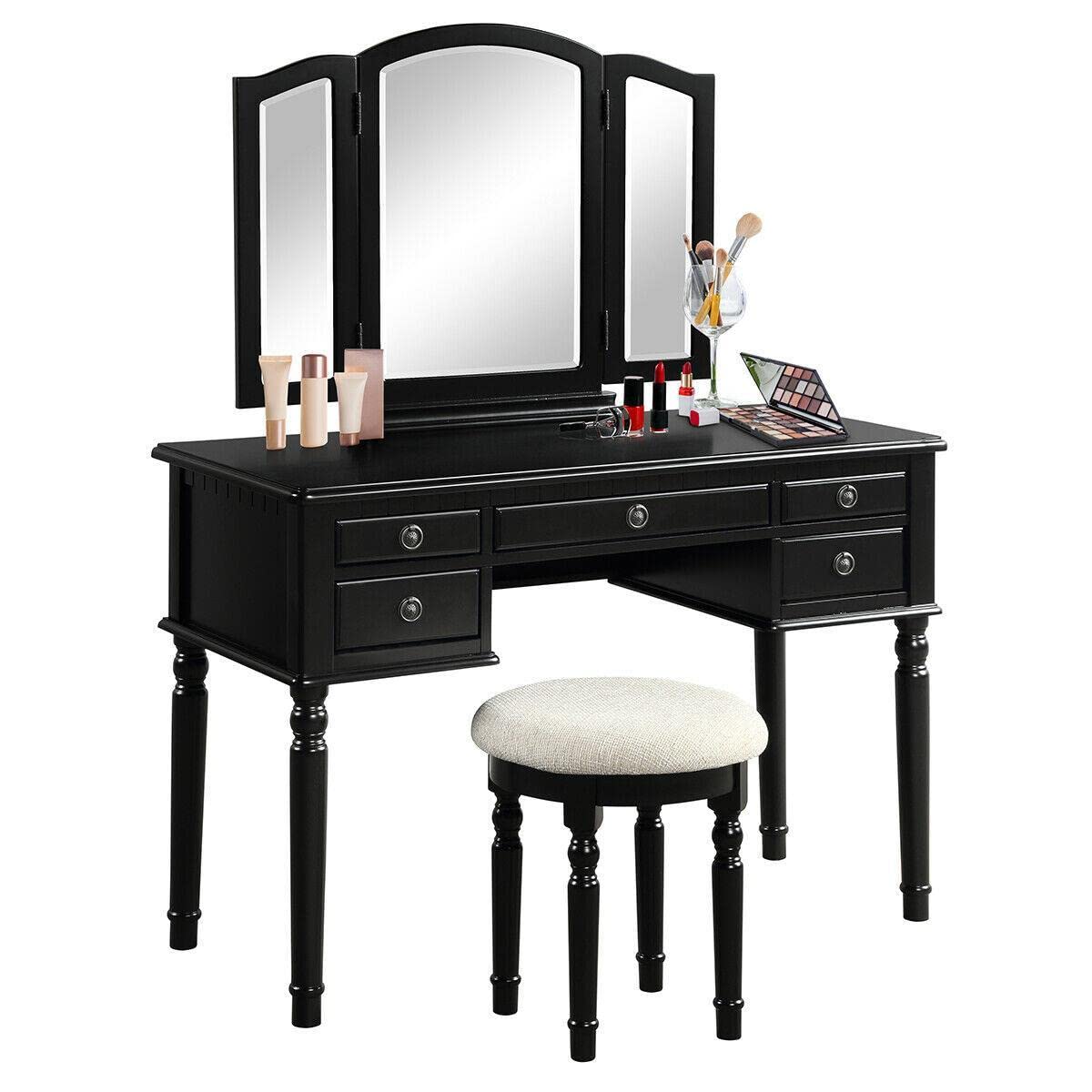 Popel Tri-Fold Mirror Wood Vanity Dressing Table Set with 5 Drawers & LED Lights - Black Bedroom Makeup Desk for Women - Perfect for Makeup Application, Dressing Room & Bathroom Vanity Organization