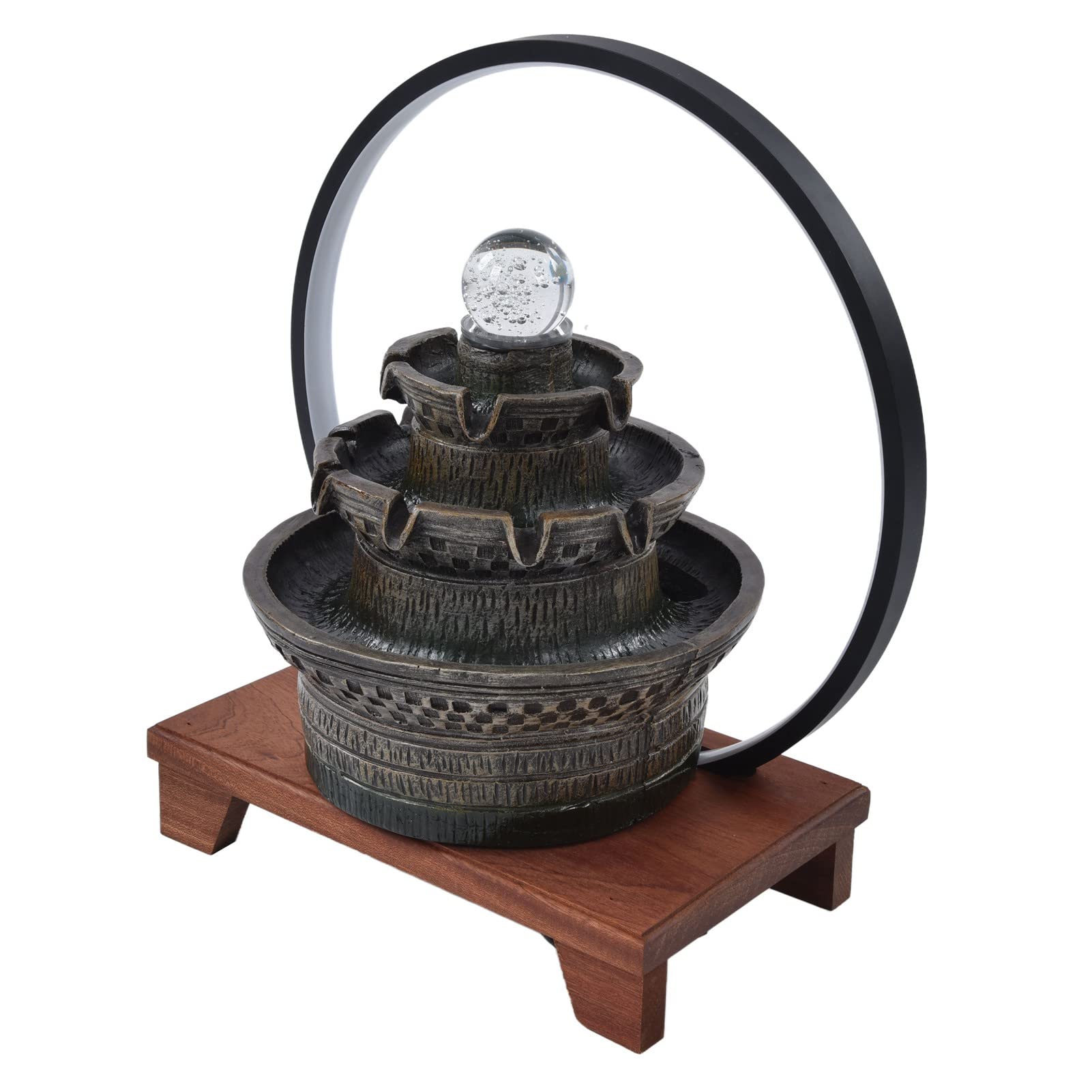 Quiet Tabletop Fountain with Wooden Base - Eco-Friendly Resin Desktop Water Feature for Home & Office Decor | Relaxing Indoor Waterfall for Bedroom, Living Room, or Workspace (US Plug Water Pump Included)