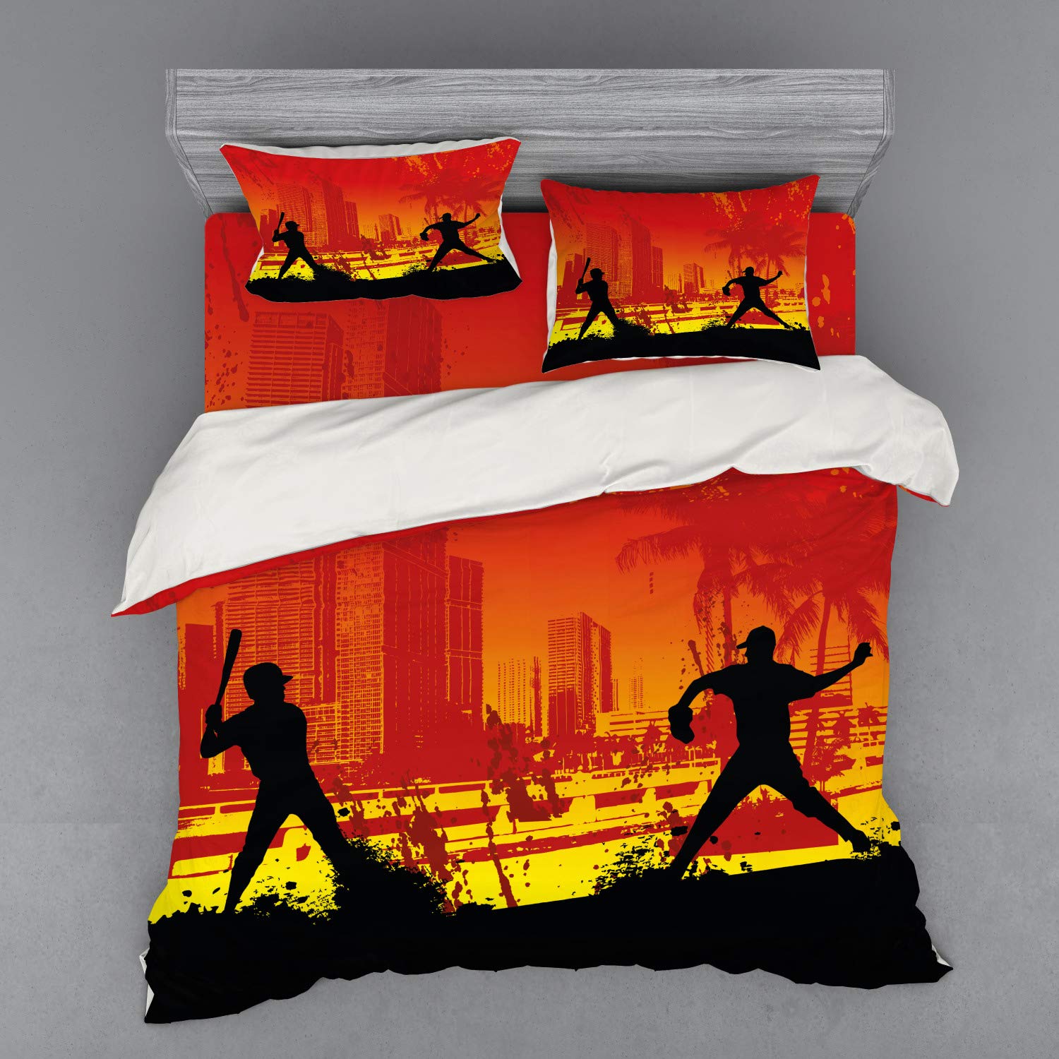 Ambesonne Teen Room Bedding Set - Baseball Player Urban Cityscape Design, 4-Piece Duvet Cover Set with Shams & Fitted Sheet, King Size in Red, Yellow & Black | Perfect for Boys' Bedroom, Dorm Room & Sports Theme Decor