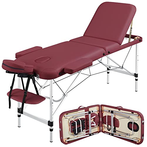 Yaheetech Portable Adjustable Massage Table - Lightweight Aluminum Lash Extension Bed & Tattoo Spa Table with Non-Woven Carrying Bag, Burgundy Red - Perfect for Salon, Home Spa & Professional Beauty Services