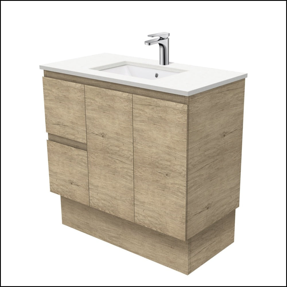 Fienza 900mm SC90SKL Crystal Pure Undermount Stone Top Vanity with Scandi Oak Edge & Left Drawers - Modern Bathroom Sink Cabinet for Small Spaces, Perfect for Apartments and Guest Bathrooms