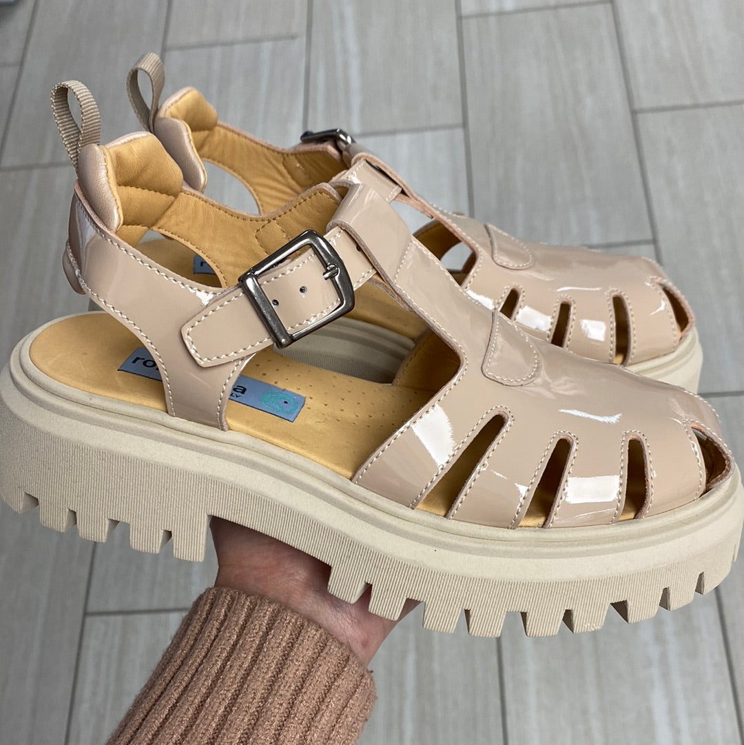 Rondinella Beige Patent Leather Gladiator Sandals with Chunky Heel - Comfortable Women's Fashion Footwear for Summer Outings & Beach Vacations