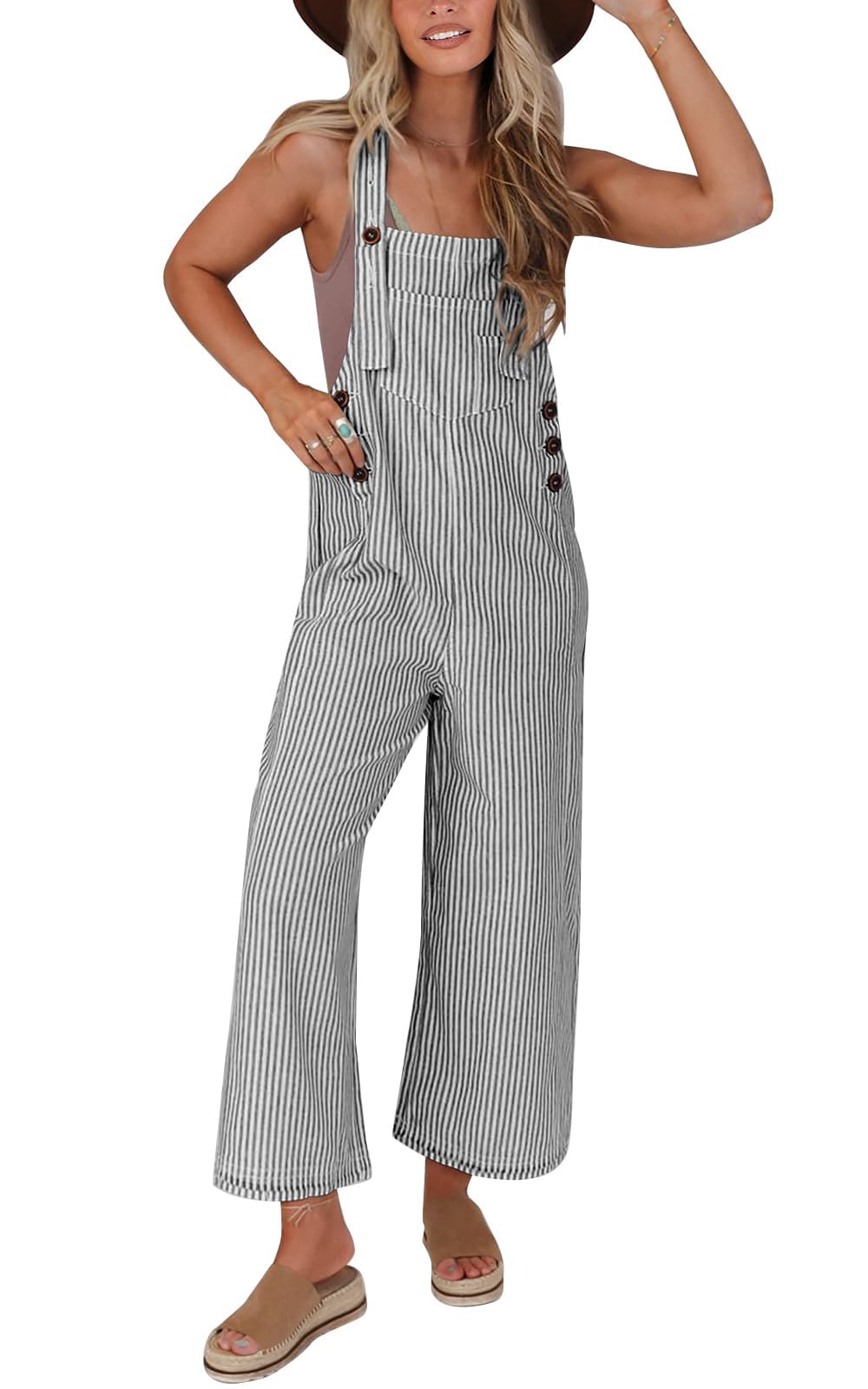 PRETTYGARDEN Women's Sleeveless Wide Leg Jumpsuit - 2025 Summer Casual Striped Button Up Romper | Trendy Outfit for Beach, Vacation & Everyday Wear