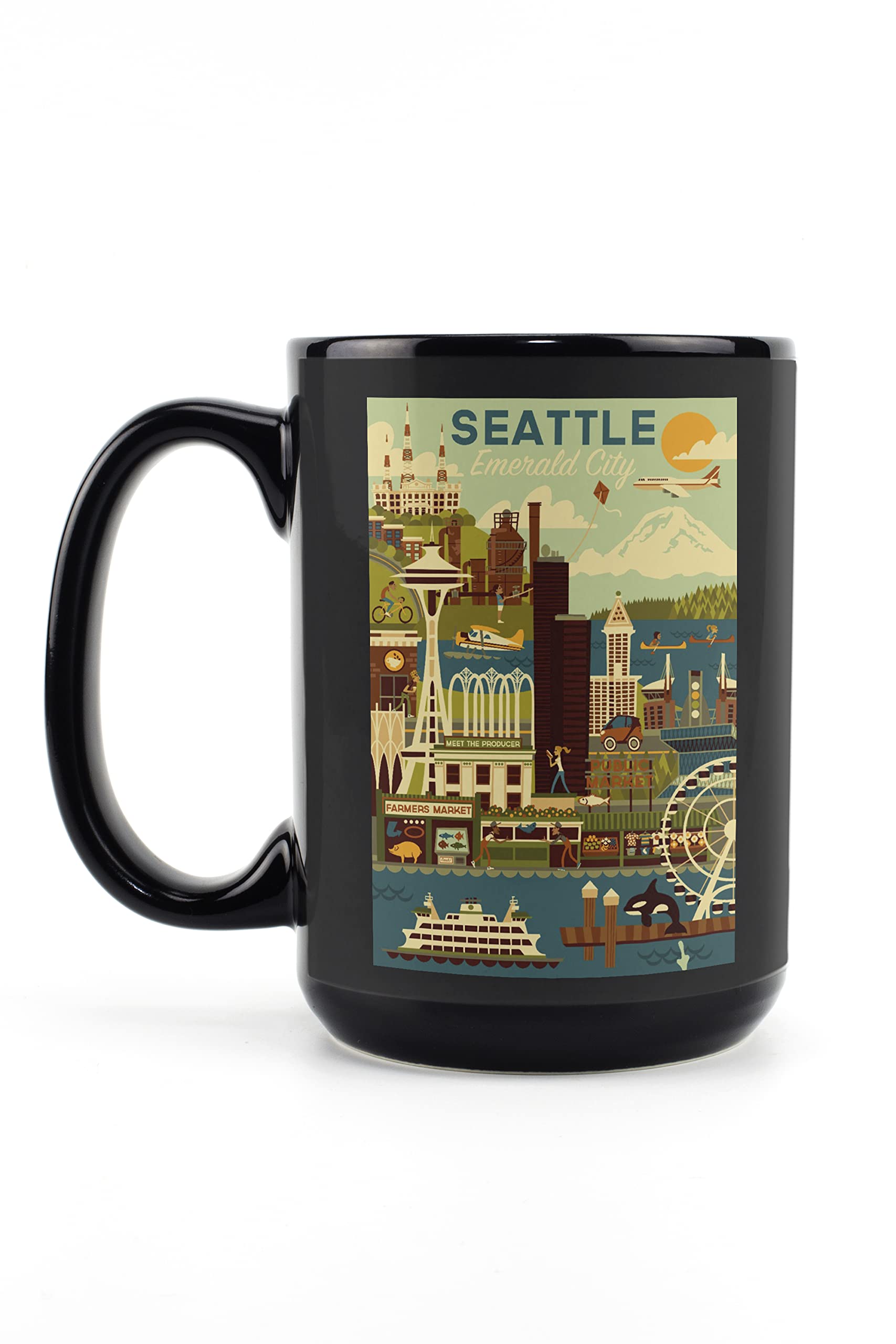 **15oz Black Ceramic Coffee Mug - Geometric Design, Dishwasher & Microwave Safe - Perfect for Seattle Coffee Lovers, Office & Home Use**