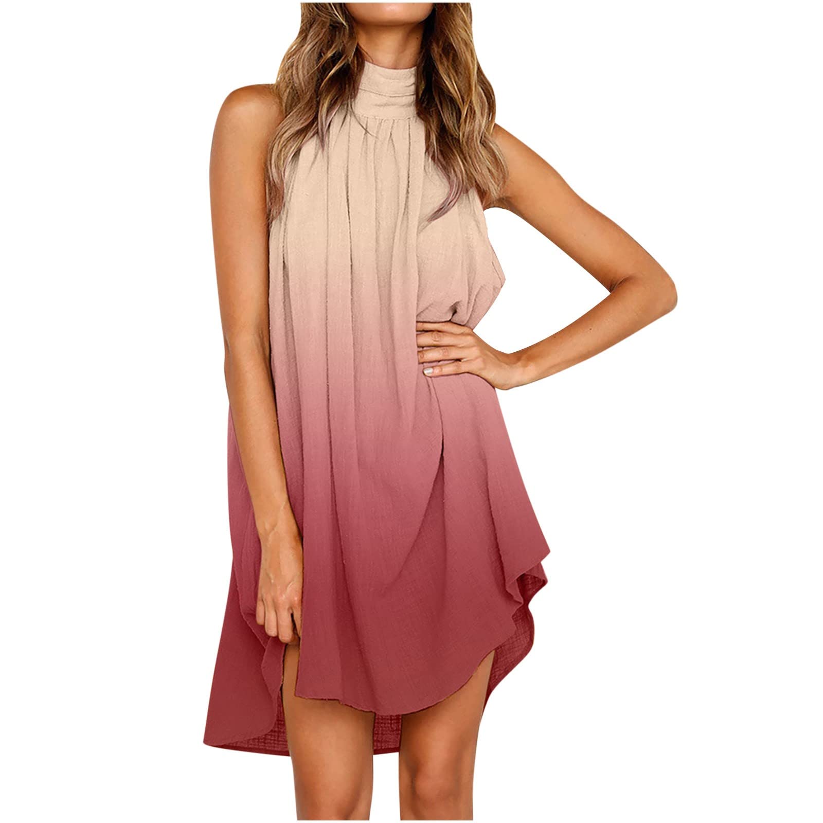 4th of July Women's Summer Halter Neck Sleeveless Mini Dress - Loose Tank Top Pleated Beach Dress for Independence Day Parties, Picnics & Vacation Outfits