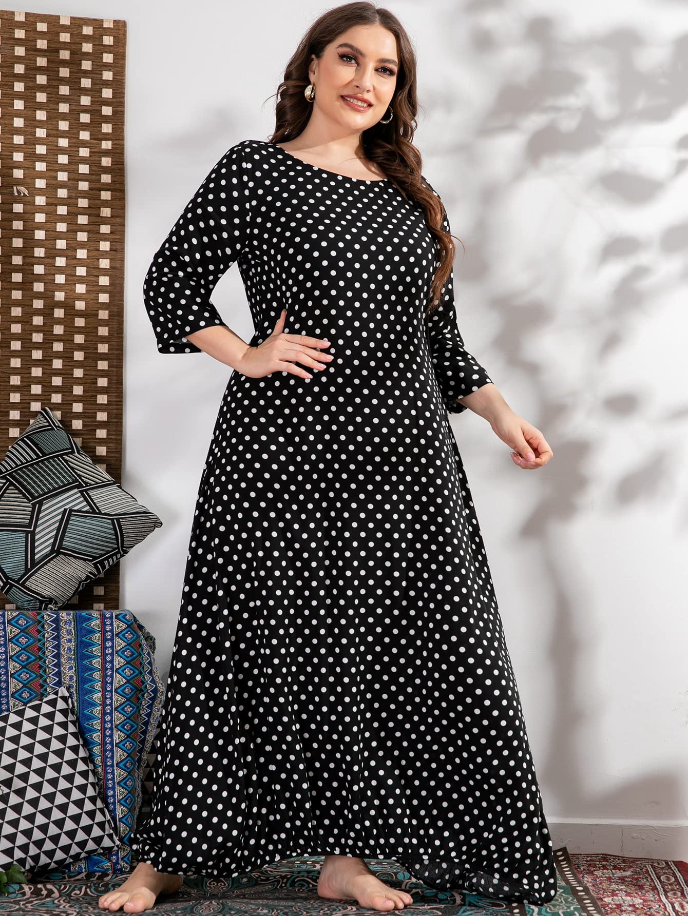 HUFFA Women's Plus Size Floral Print Beach Dress - Casual Ruffle Sleeve Waist Swing Sundress with Polka Dot Maxi Tunic - X-Large Black - Perfect for Summer Vacations, Beach Outings, and Casual Daywear