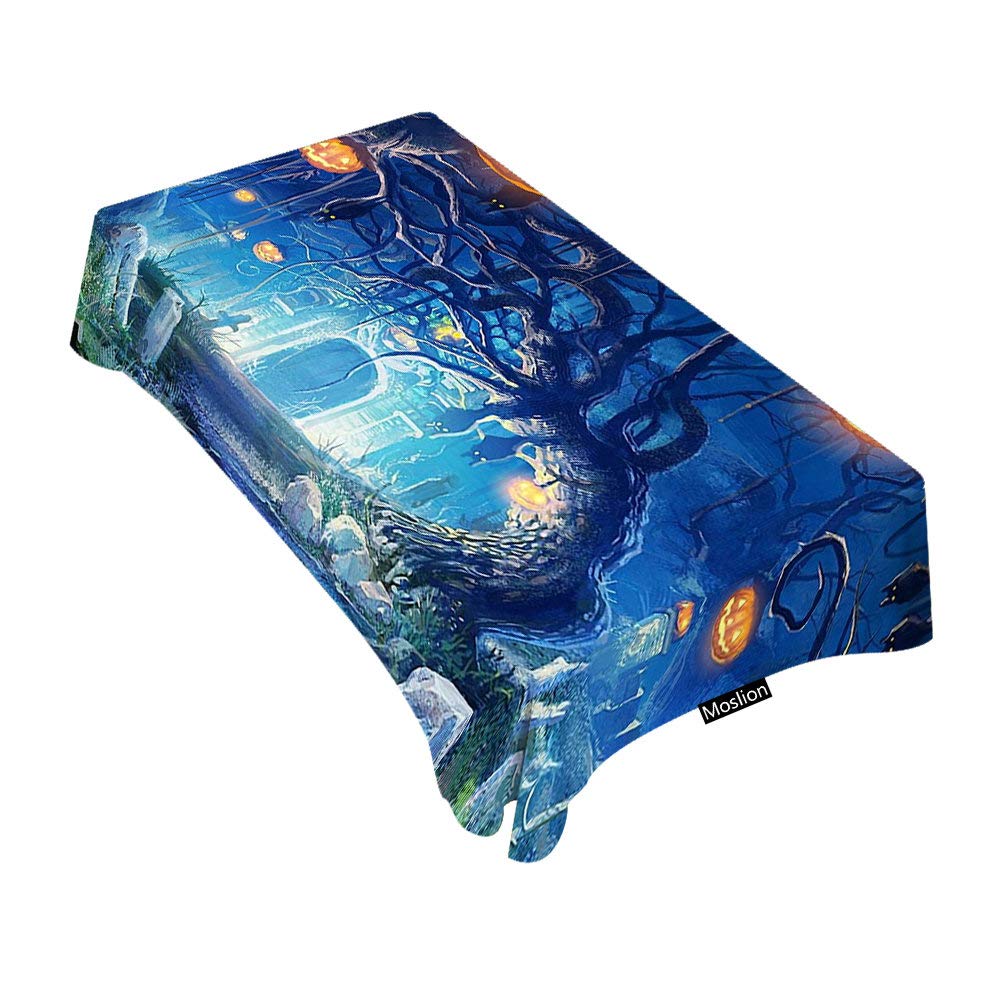 Moslion Halloween Tablecloth - 60x104 Inch Graveyard Pumpkin Bat Design Rectangular Table Cover for Dining, BBQ, Picnic, Coffee Table - Spooky Party Decor & Holiday Dining Accessory