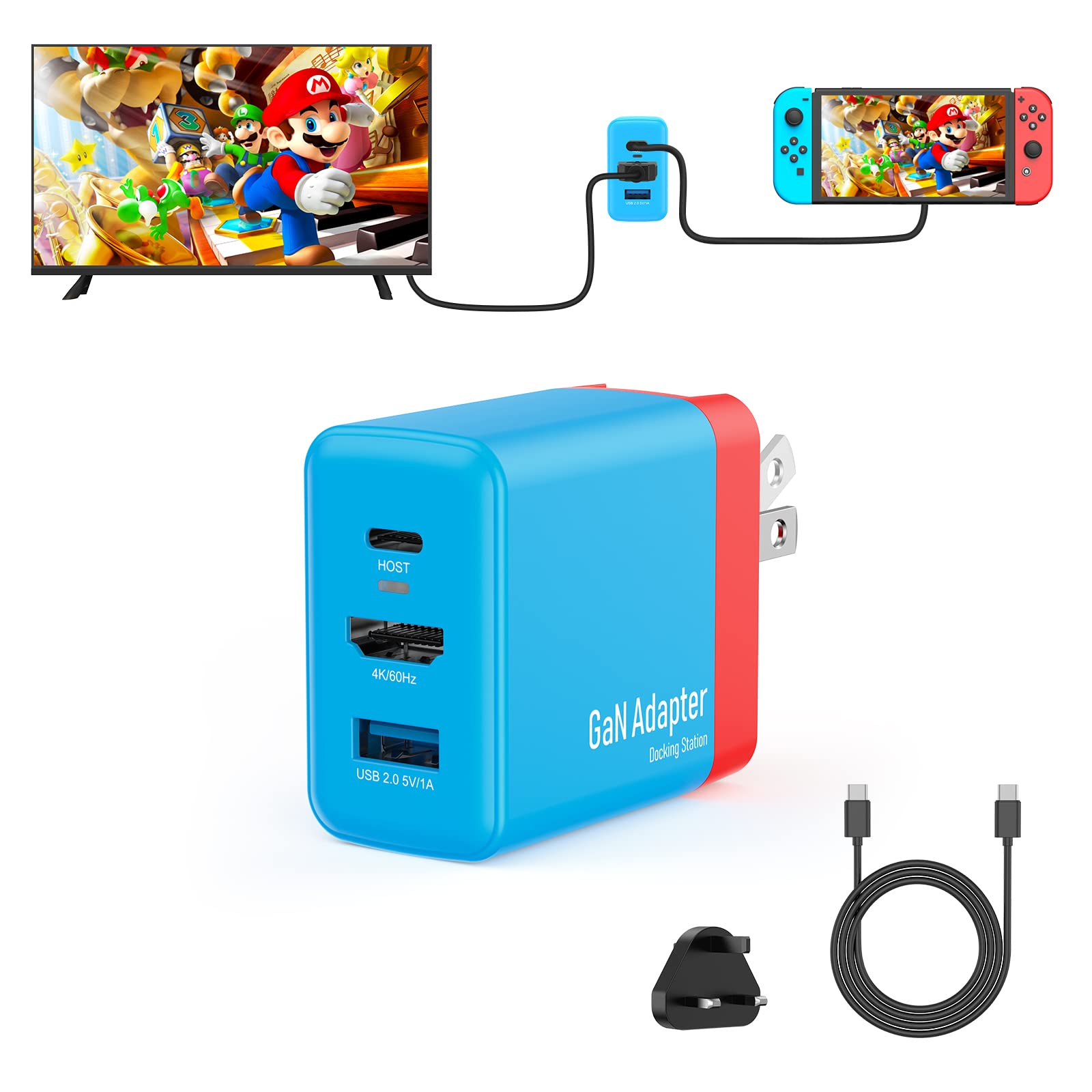 Nintendo Switch Dock Charger - 36W PD Fast Charger with USB C & HDMI Port for Switch/OLED, Compact Travel Dock for TV/Phone/Tablet/Laptop (Red & Blue) | Perfect for Gaming On-The-Go & Home Entertainment
