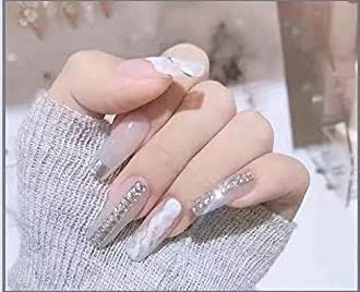 Cloud Painted Medium Length Trapezoid Diamond False Nails - Elegant Press on Nails for Parties, Weddings & Special Occasions