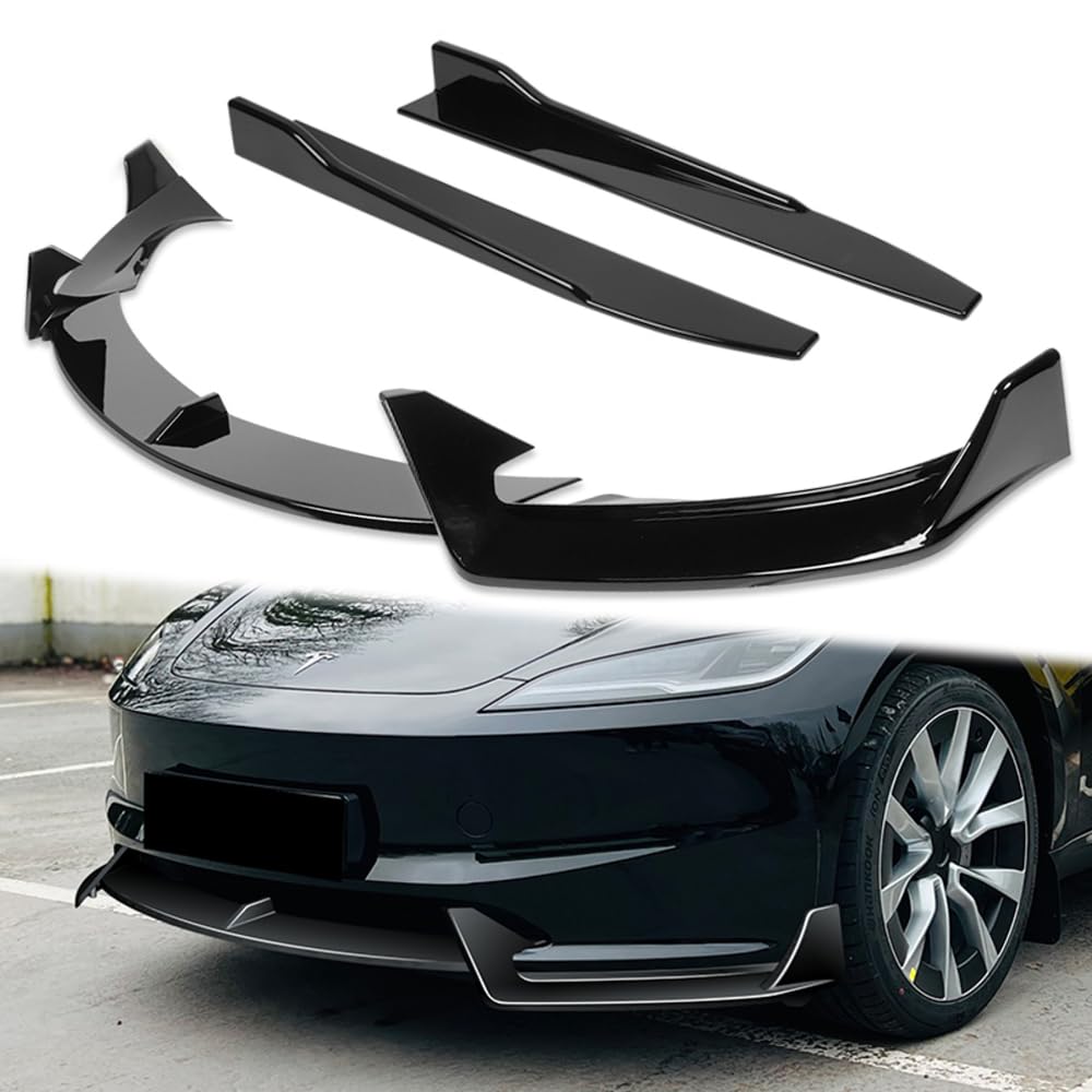 5PCS Front Bumper Lip + Side Skirt Rocker Winglet Canard Diffuser Wing Kit for 2024-2025 Tesla Model 3 Sedan - Painted Black Front Lip Air Chin Spoiler Body Splitter - Enhance Aerodynamics & Sporty Styling for Street Racing & Car Shows