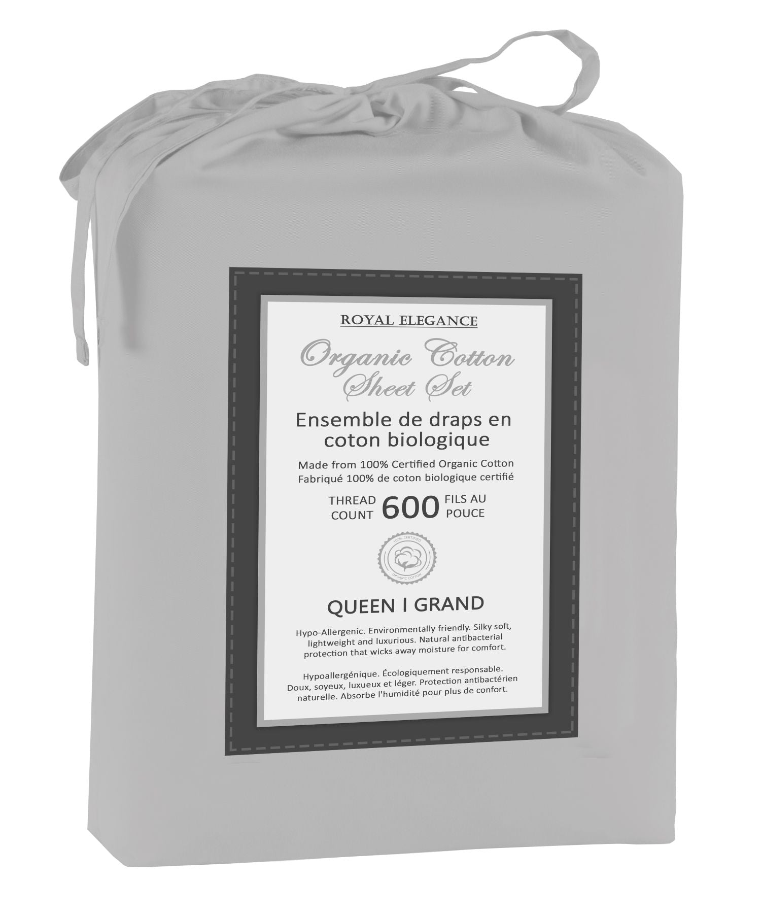 100% Organic Cotton Queen Sheet Set - 600 Thread Count, Silver | Ultra Soft & Breathable Bedding for All Seasons | Perfect for Home, Hotel, and Guest Room Comfort