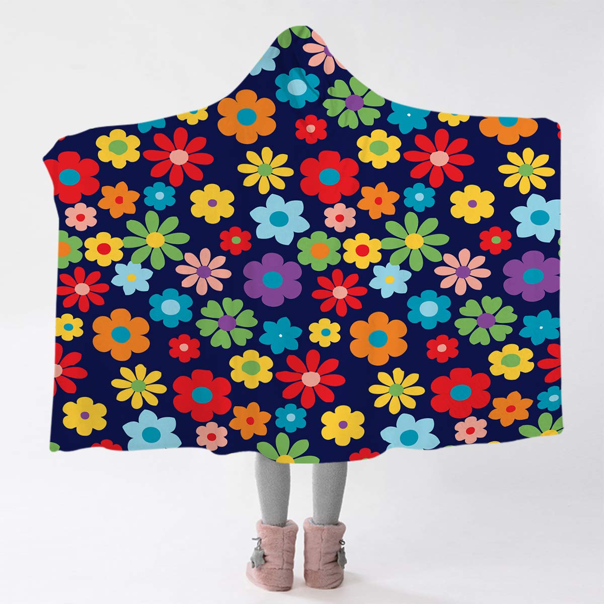 BlessLiving Colorful Retro Flowers Print Hooded Blanket - 70s Hippie Style Soft Fleece Throw (80