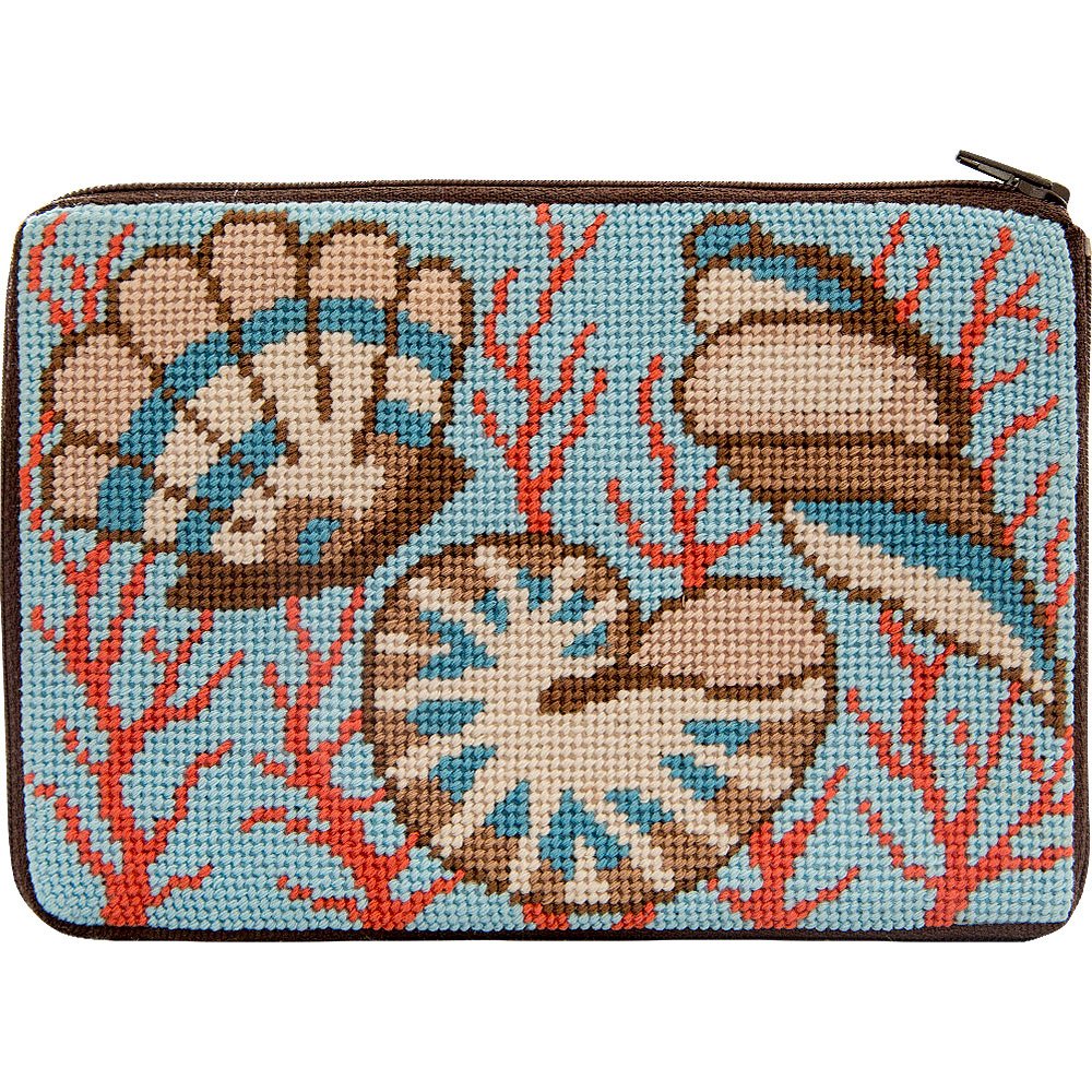 Stitch & Zip Needlepoint Purse Kit - Shells & Coral Design DIY Cross Stitch Handbag Craft Kit for Beginners | Perfect for Beach Vacations, Summer Accessories & Gift Giving