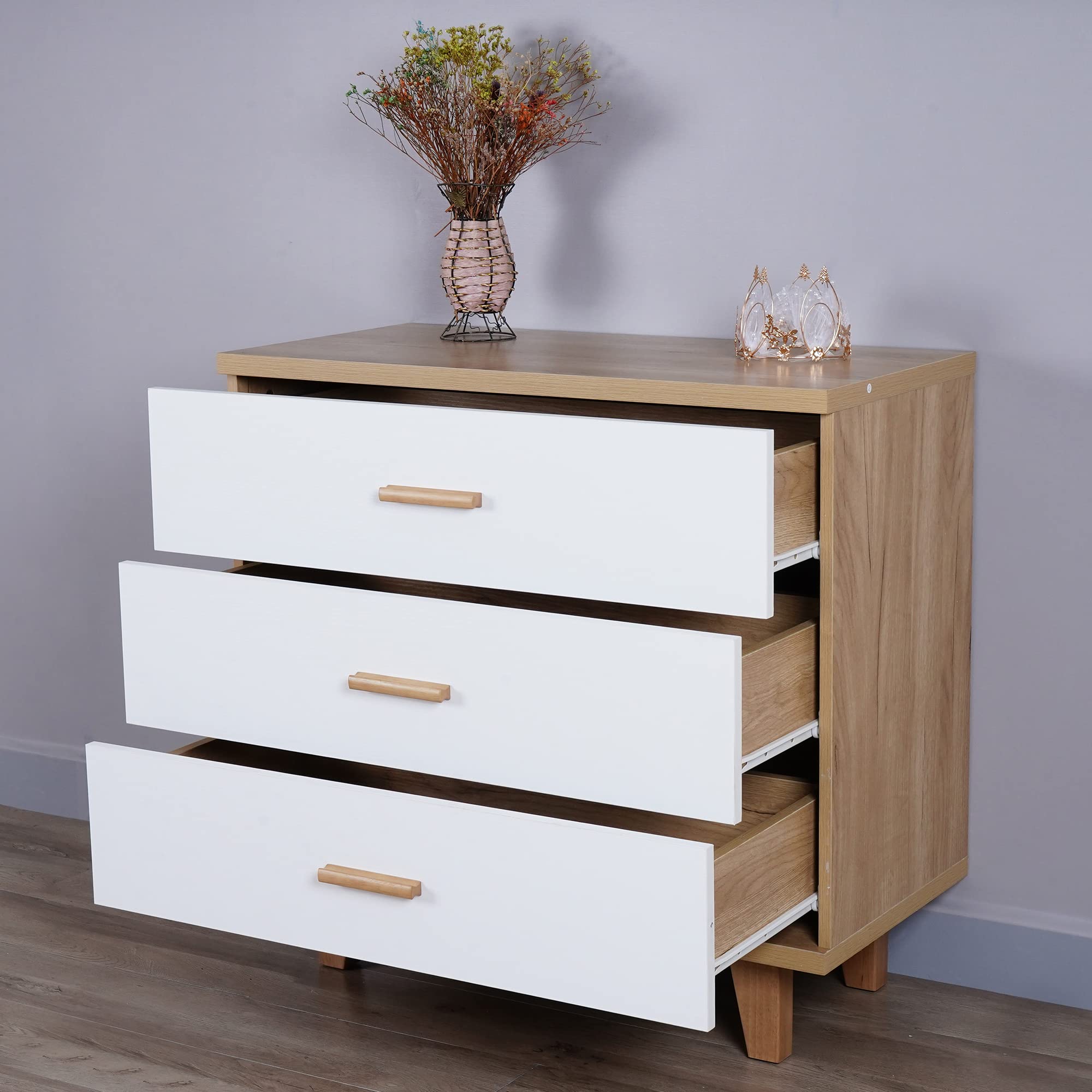 Voohek 3-Drawer Mid-Century Modern Dresser with Wooden Legs & Handles - White Storage Chest for Bedroom, Living Room & Hallway | Perfect as Nightstand, Closet Organizer or Entryway Furniture