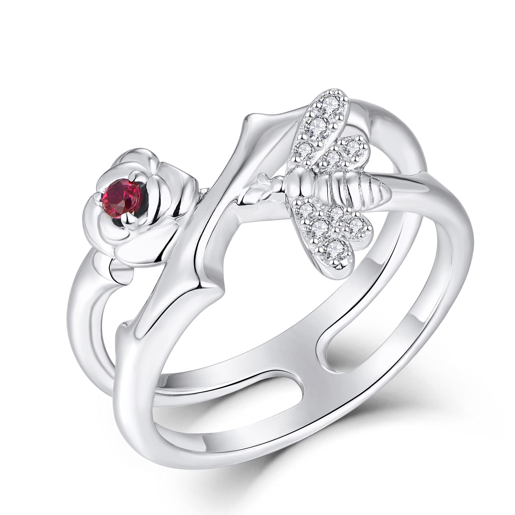Sterling Silver Bee & Rose Flower Ring for Women - Elegant Animal Jewelry for Casual Wear, Date Nights & Boho Style Outfits