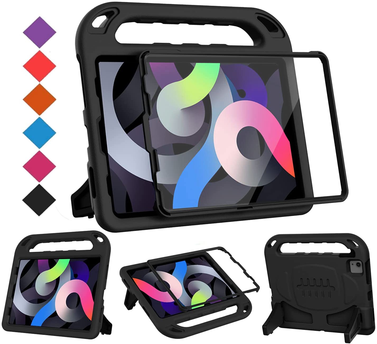 BMOUO Shockproof Kids Case for iPad Air 5/4 (10.9 Inch) with Built-in Screen Protector & Handle Stand - Protective Cover for New iPad Air 5th/4th Generation - Perfect for School, Travel, and Home Learning (Black)