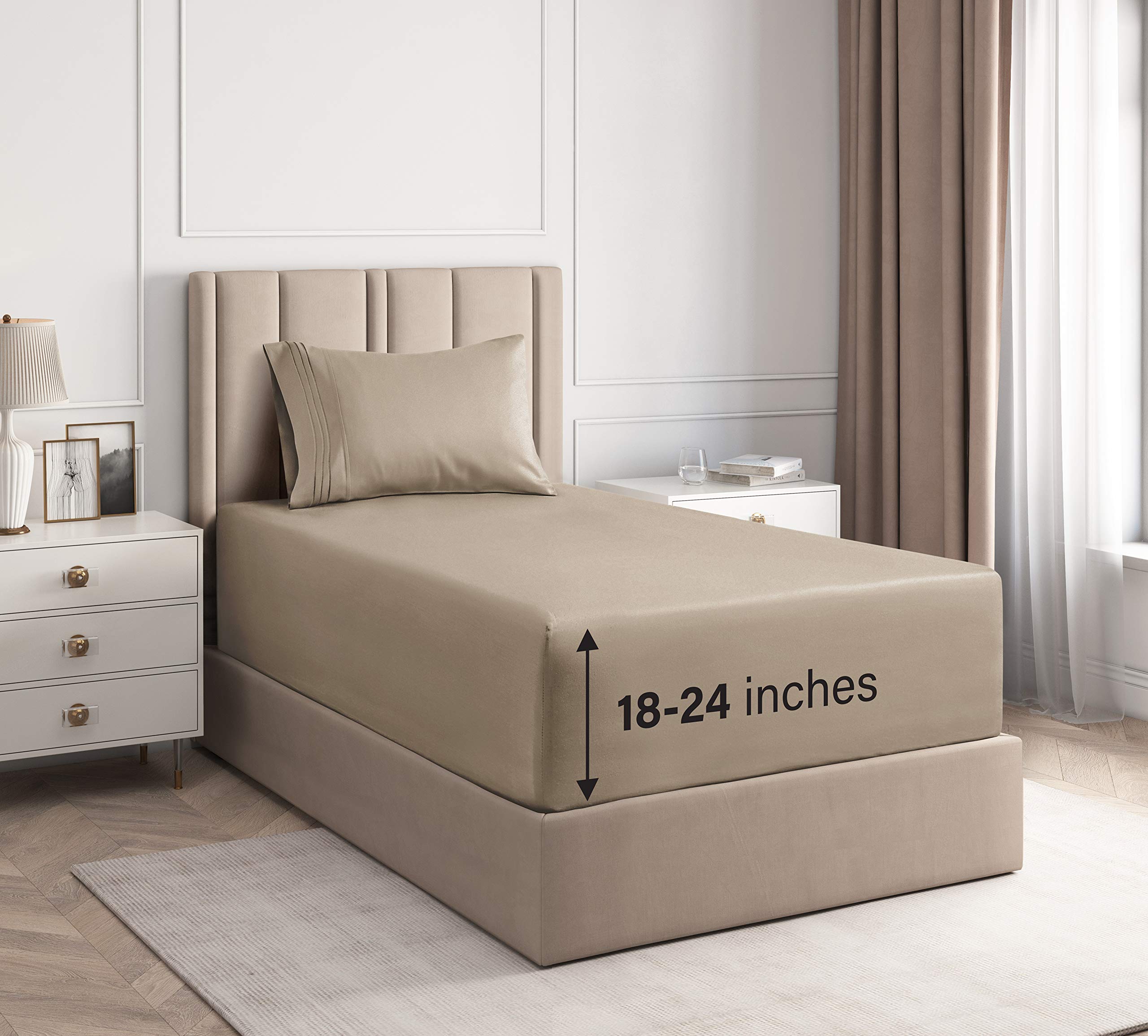 Premium 400 Thread Count Twin Extra Deep Pocket Cotton Sheet Set - 3 Piece Soft & Breathable Bedding (Twin, Beige) for Cozy Sleep & Guest Room Comfort