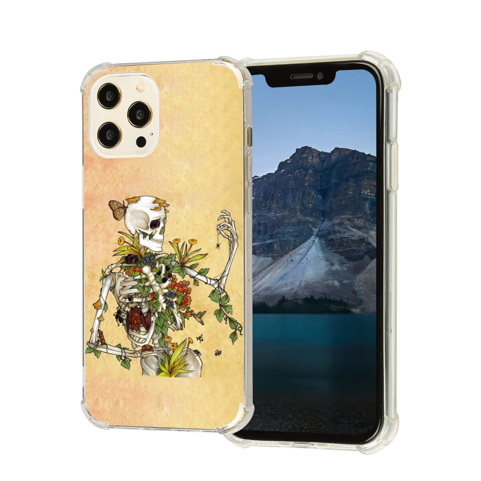 Bones and Botany Skull iPhone 12 Pro Max Case - Trendy Skeleton Plants Spider Bees Butterfly Design, Durable TPU Bumper with Wireless Charging Support | Perfect for Halloween, Gothic Fashion & Nature Lovers