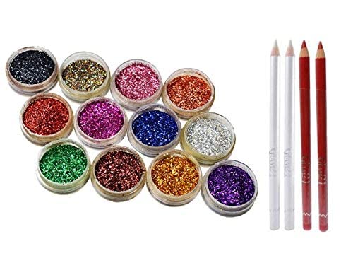 ClubComfort Glitter Eyeshadow Powder - 12 Multicolor Shades with 2 Red & 2 White Eyeliner/Lipliner - Long Lasting Pigmented Makeup Kit for Party, Halloween & Special Occasion Looks