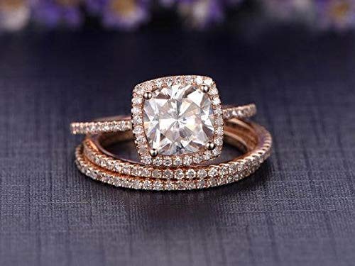 2ct Moissanite Halo Ring Set in 10k Rose Gold - Wedding & Engagement Jewelry