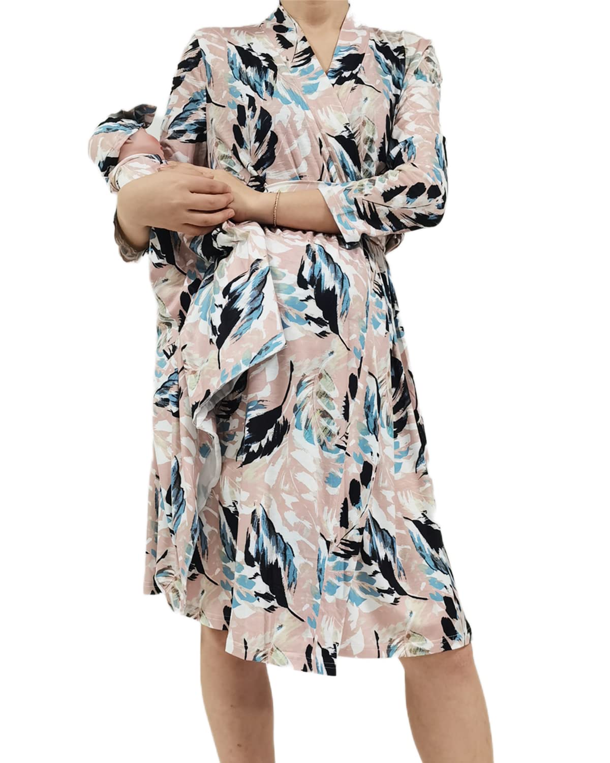 Maternity Nursing Robe for Women - 3-in-1 Pregnancy Hospital Gown, Breastfeeding & Delivery Nightgown with Matching Swaddle Set | Comfortable Postpartum & Nursing Wear for Hospital, Home & Newborn Care